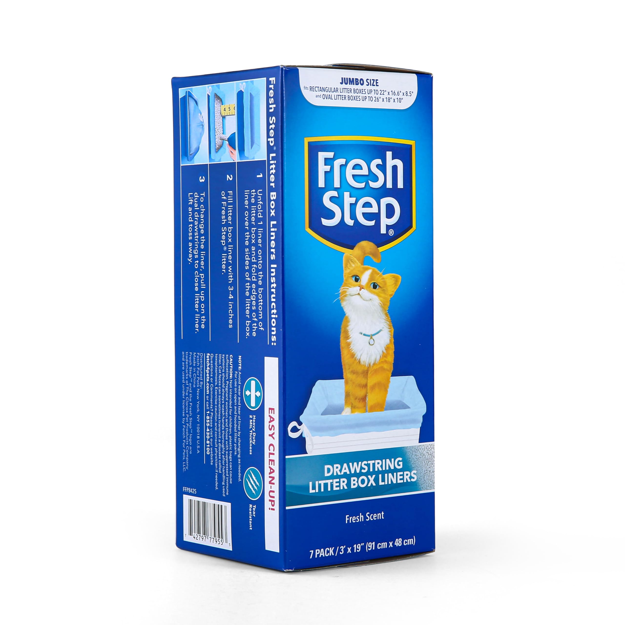 Fresh Step Drawstring Cat Litter Box Liners, Scented, Jumbo Size, 3' X 19' - 7 Count | Kitty Litter Bags, Cat Litter Liners For All Cats To Keep Your Home Clean