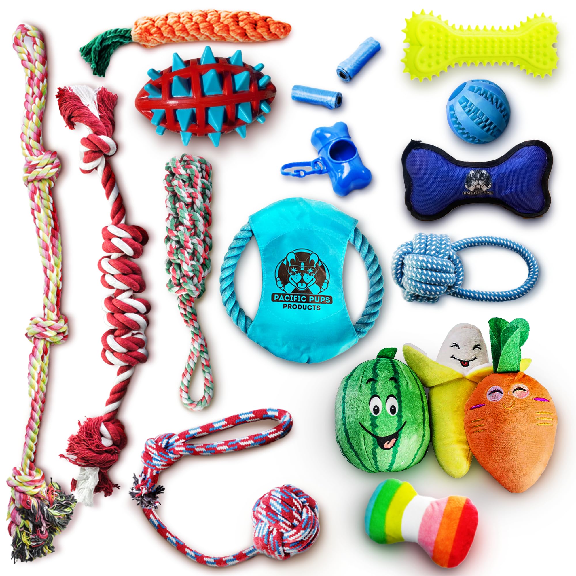 Pacific Pups Products 18 Piece Dog Toy Pack - Dog Chew Toys, Puppy Toys & Outdoor Dog Toys - Dog Toys To Keep Them Busy - Supports Non-Profit Dog Rescue - 18 Toys For Dogs