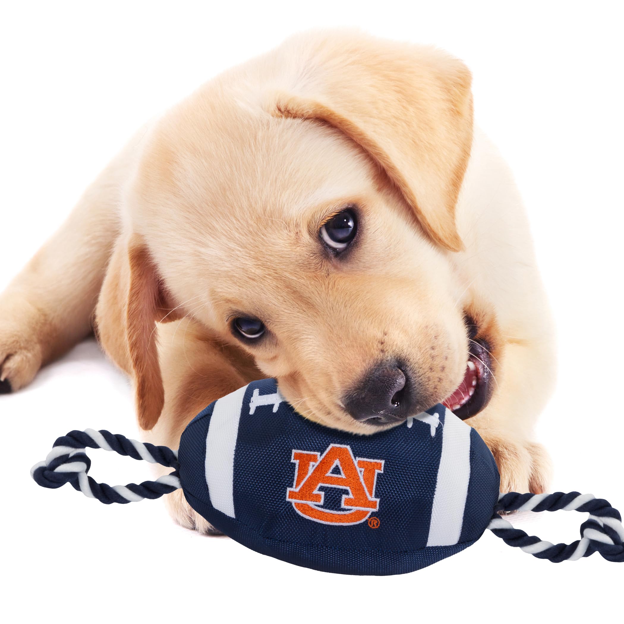 Pets First NCAA Auburn Tigers Football Dog Toy, Tough Quality Nylon Materials, Strong Pull Ropes, Inner Squeaker, Collegiate Tea