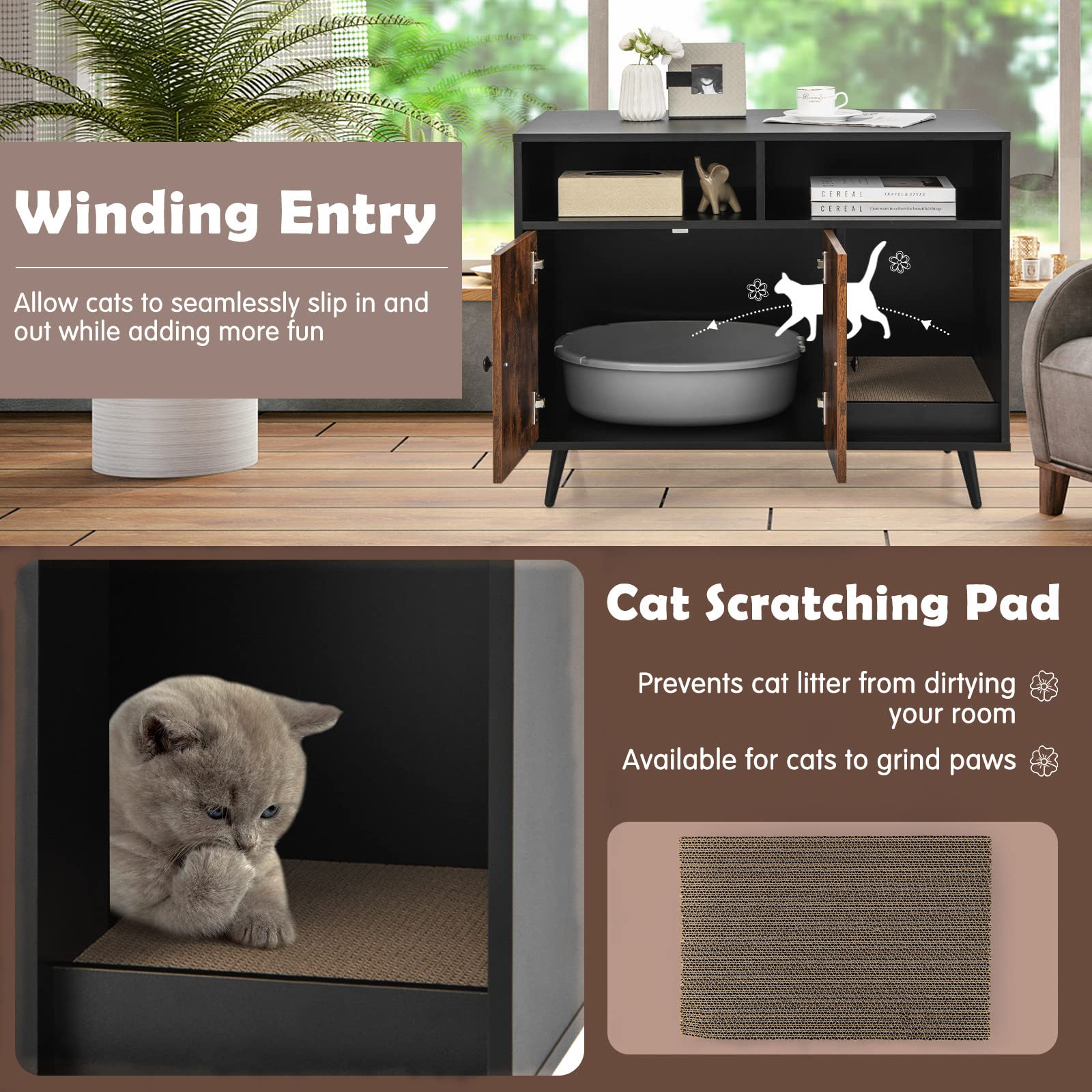 Giantex Cat Litter Box Enclosure - Wooden Washroom With Storage, Scratcher, Winding Entry, Metal Legs, Large Pet Crate Cat House