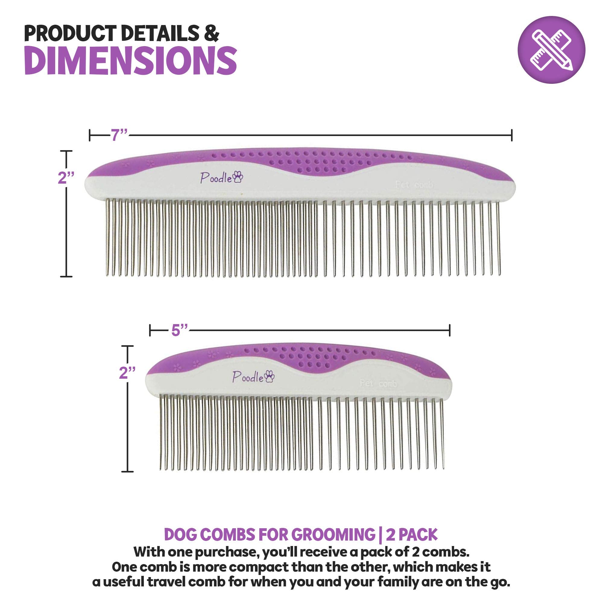 Poodle Pet Dog Combs For Grooming | 2 Pack | Stainless Steel Teeth Easily Remove Dirt | Proper Care Prevents Knots And Mats For Long And Short Haired Pets |Anti-Slip Comfort Grip Handle| Purple