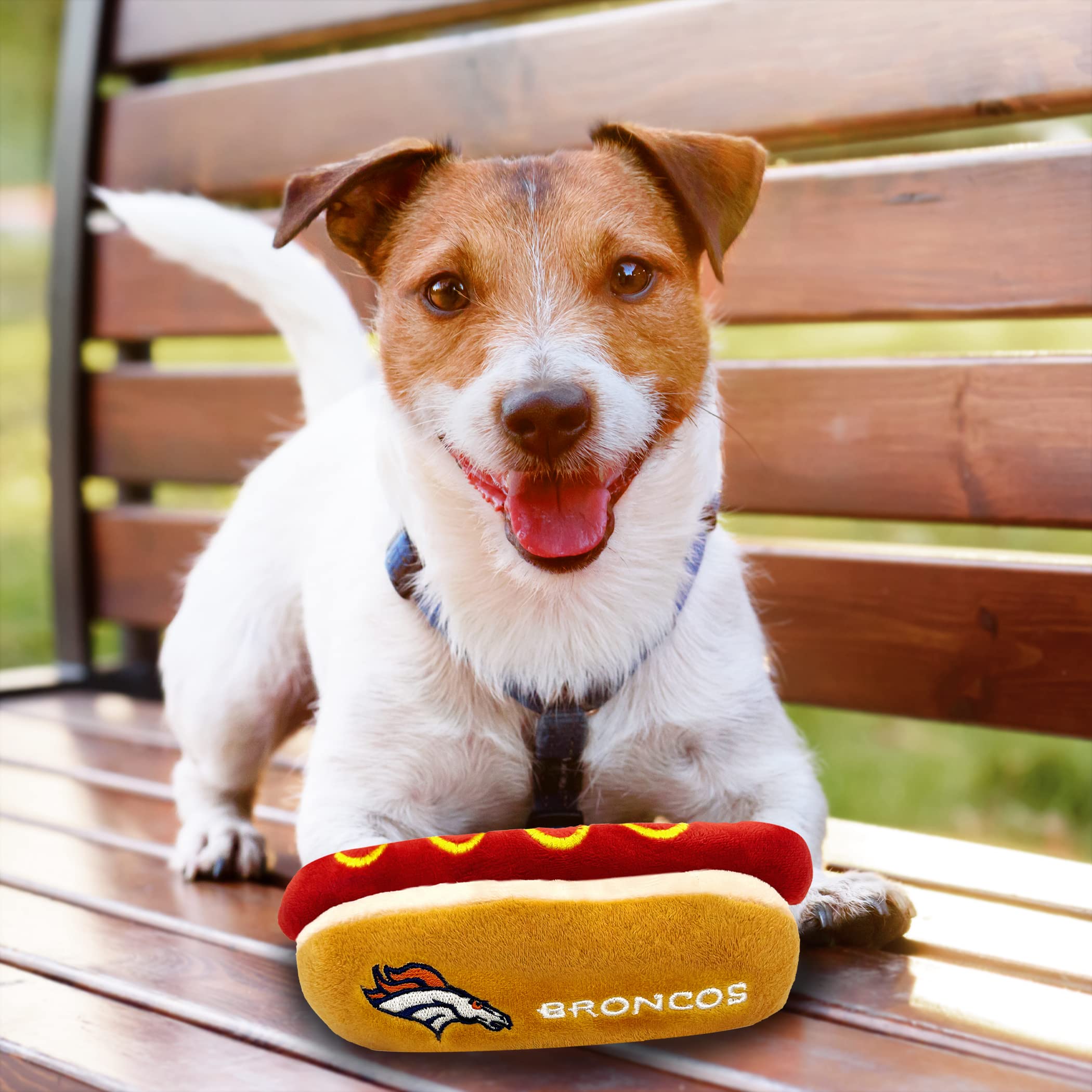 Pets First NFL Denver Broncos HOT Dog Plush Dog & CAT Squeak Toy - Cutest HOT-Dog Snack Plush Toy for Dogs & Cats with Inner Squ