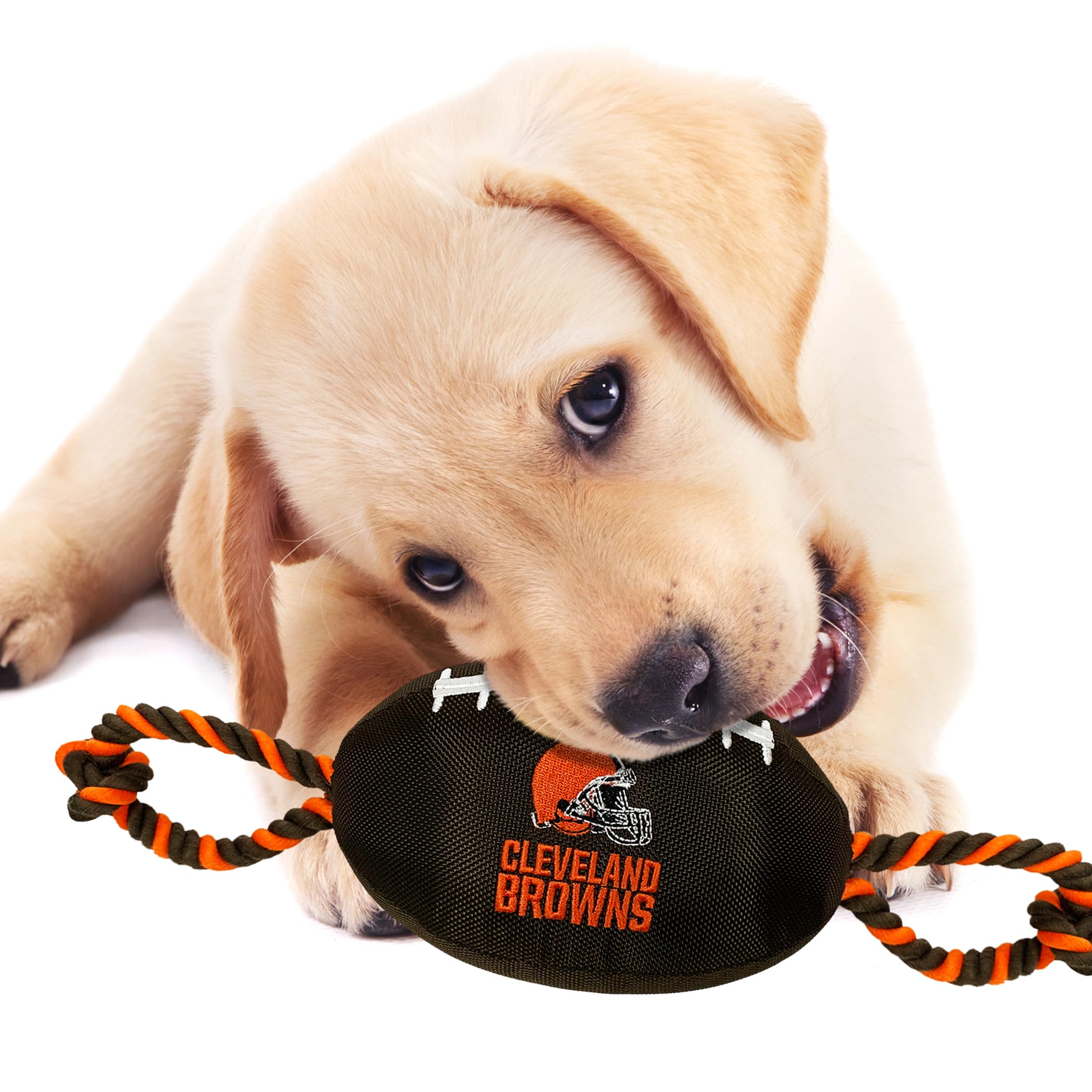Pets First NFL Cleveland Browns Football Dog Toy, Tough Quality Nylon Materials, Strong Pull Ropes, Inner Squeaker, NFL Team Col