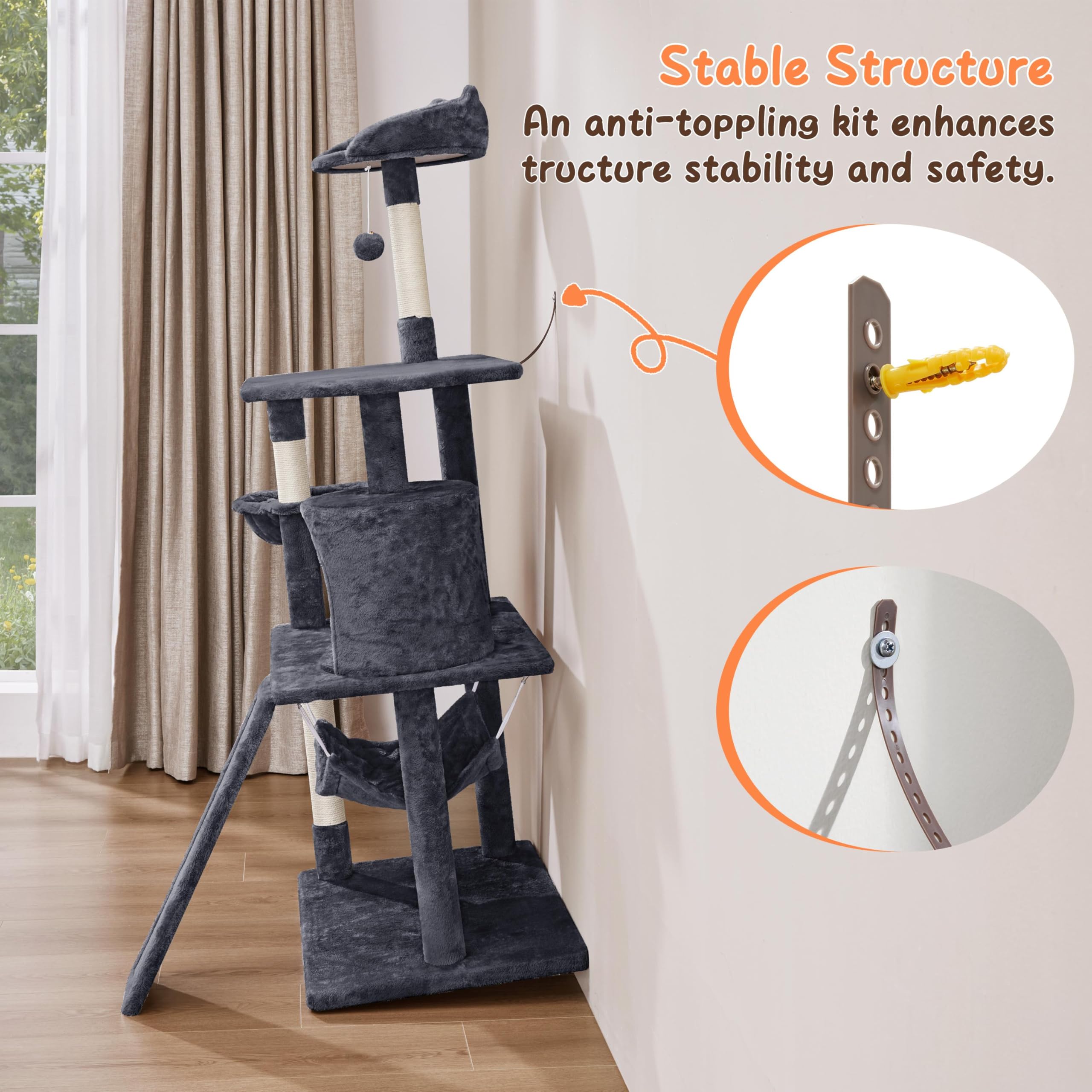 Yaheetech 63.5In Multi-Level Cat Tree Tower Condo With Scratching Posts, Platform & Hammock, Cat Activity Center Play Furniture