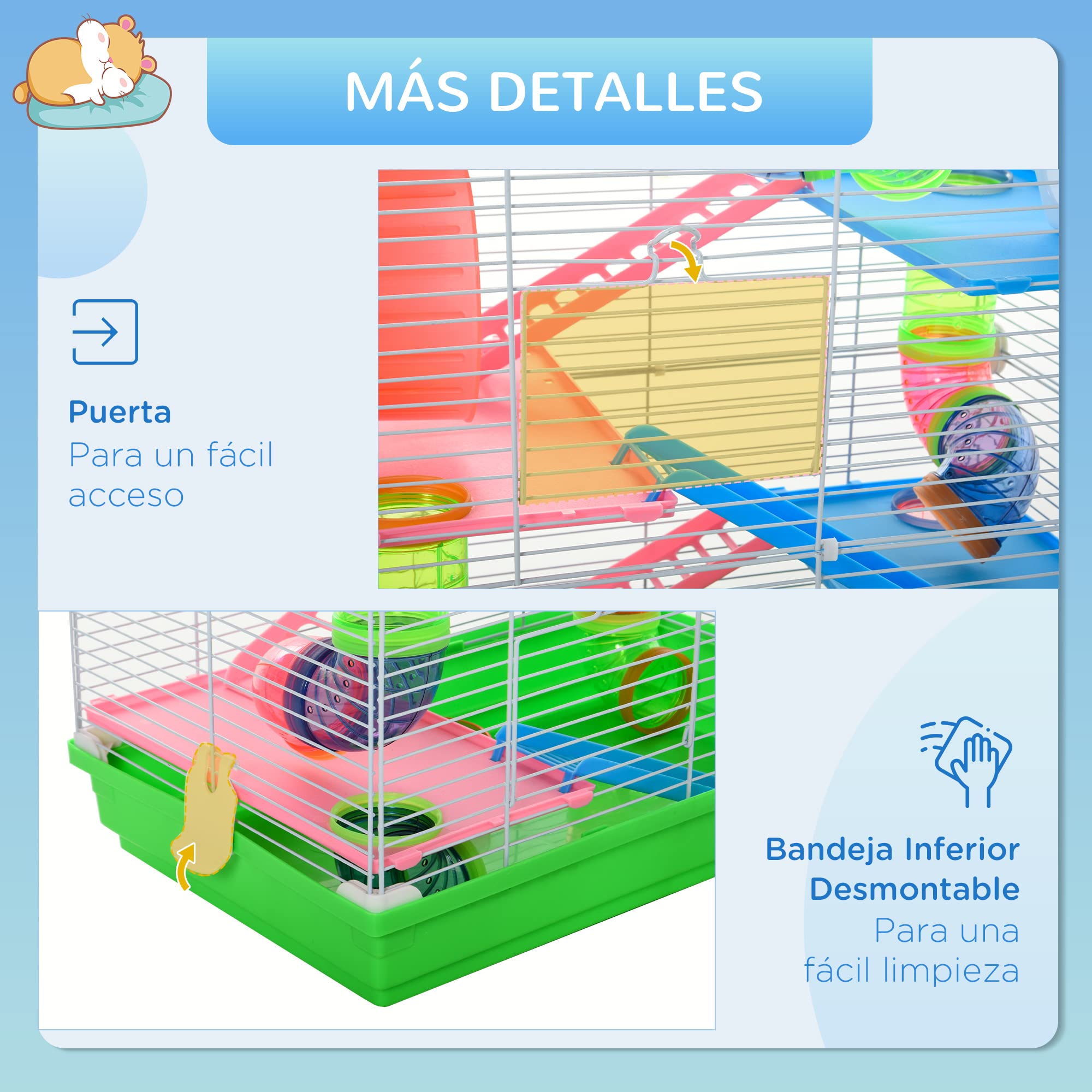 PawHut Hamster Cage with Ladder, Feeder, Wheel & Tunnel - Green & White, 46 x 30 x 58 cm, Metal & Plastic