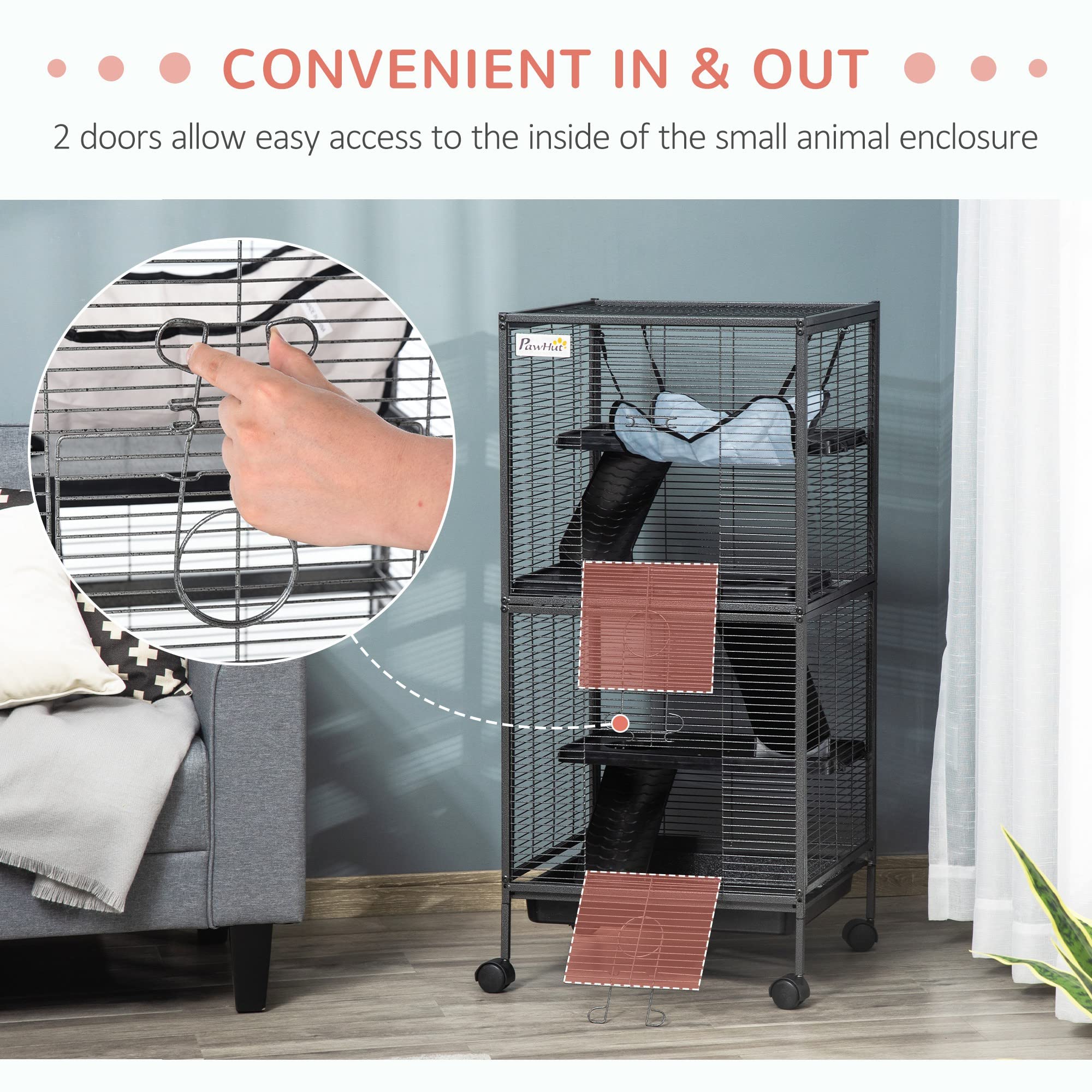 Pawhut Metal Small Animal Cage Rolling Big Ferret Cage, Chinchilla Cage, Sugar Glider Cage, With Hammock & 4 Tiers, Removable Tray, Gray