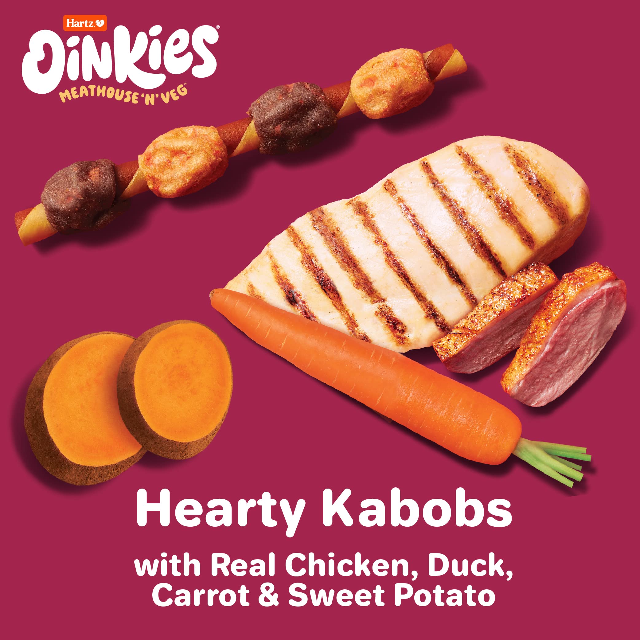 Oinkies MeathousenVeg Hearty Kabobs Dog Treats with Real Chicken, Duck, Carrots, and Sweet Potato, Long-Lasting Yet Highly Dig