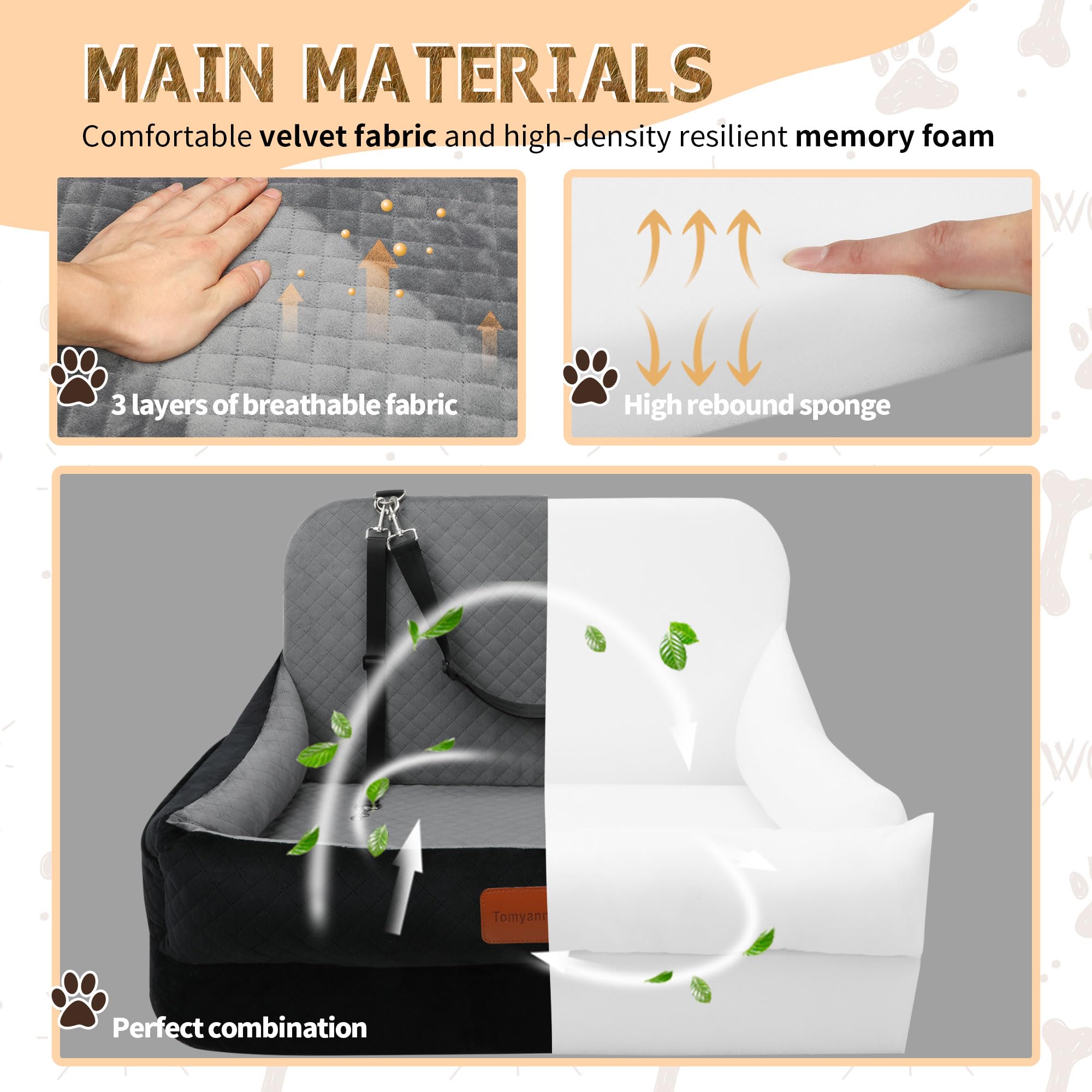 Dog Car Seat for Medium/Large Dogs Under 50 lbs,Contains 4 Inches of Memory Foam Pet Booster Seat with 2 Safety Leashes,Detachab