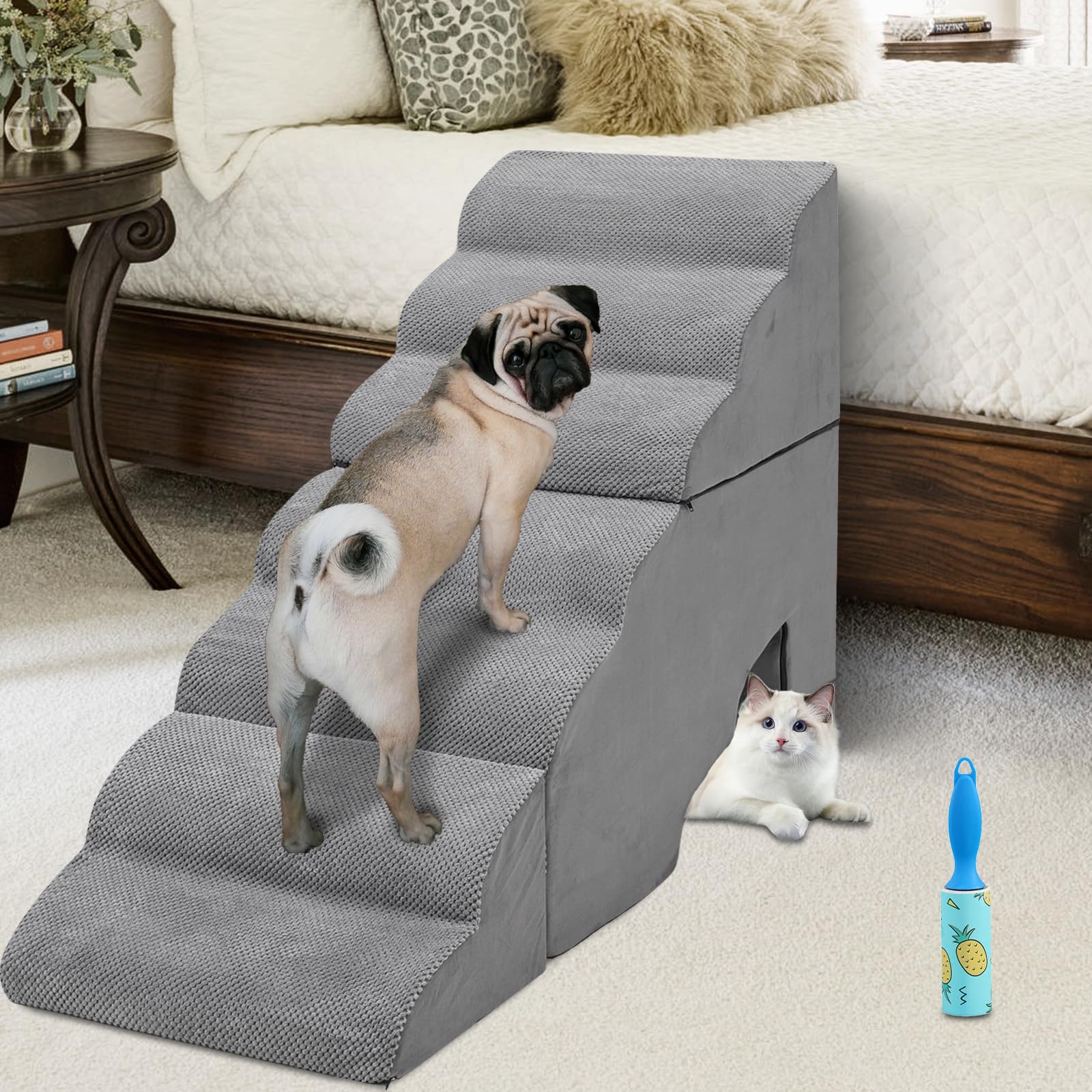 MALOROY 7 Tiers 34inch Extra Wide Foam Dog Ladder/Ramps for High Bed, Non-Slip Pet Step/Stairs for Older Injured Dogs, Cats -Gre