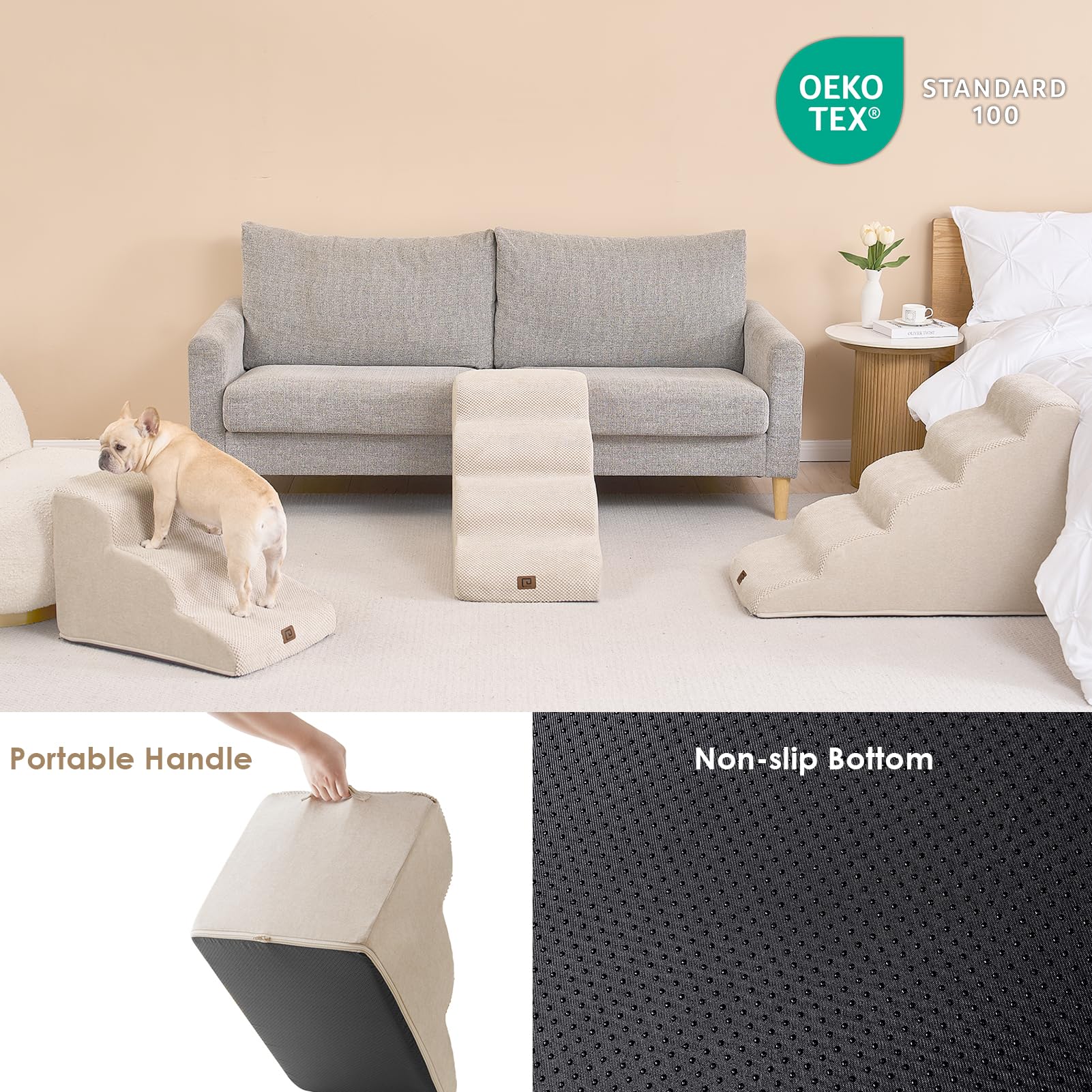 Eheyciga Curved Dog Stairs Ramp For High Beds 19.7' H, 4-Step Dog Steps For Small Dogs And Cats, Pet Stairs For High Bed Climbing, Non-Slip Balanced Pet Step Indoor, Beige