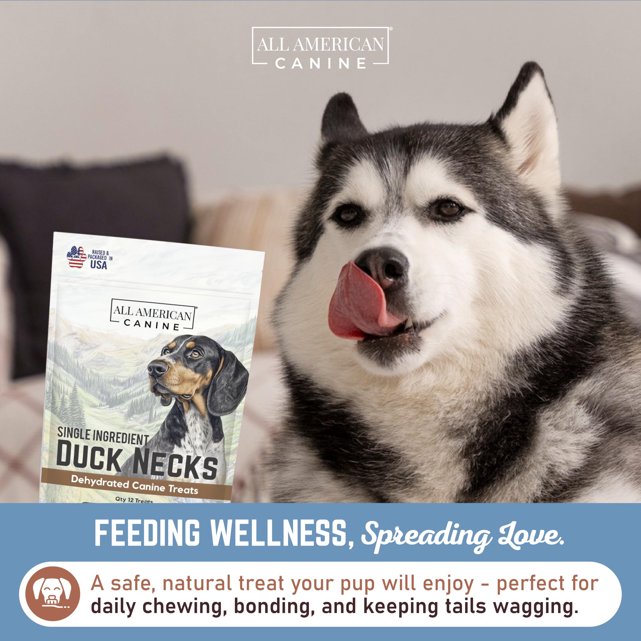 All American Canine 12 Natural Duck Neck Dog Treats - Single Ingredient, Dehydrated & Chewy - Low-Fat, High-Protein Training Rew