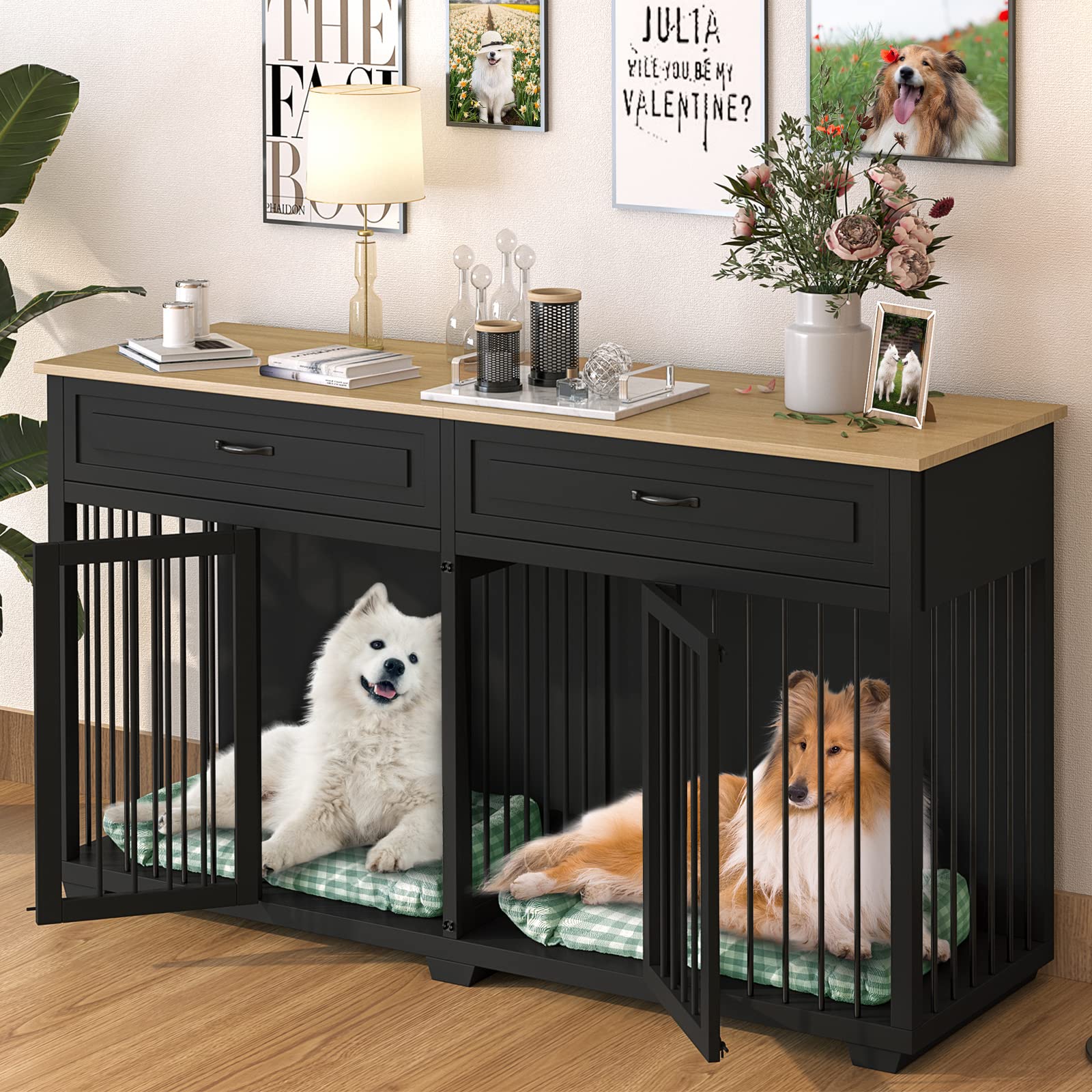 PIAOMTIEE Dog Crate Furniture, 72.4 Inch Indoor Wooden Dog Kennel Cage House, Modern Decorative End Table with Double Doors, Dra