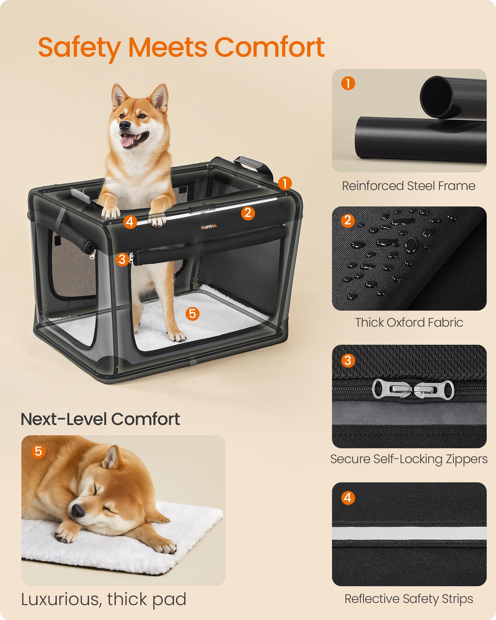 Feandrea Collapsible Dog Crate, 30-Inch Portable Dog Travel Crate For Medium Dogs, Oxford Fabric Pet Carrier With 4 Mesh Doors,