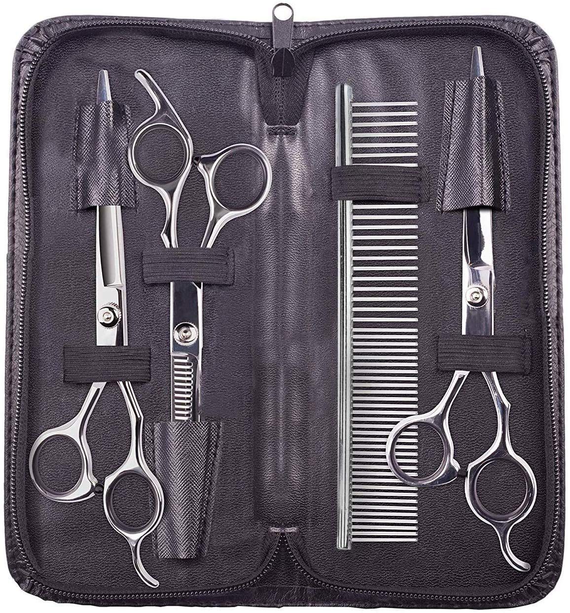 Dog Grooming Scissors,Pet Grooming Scissors With Thinning,Straight,Curved Down Shears Great For Groomers,Home Grooming And Groomer Beginners (Scissors Kit With Tapered Tips)