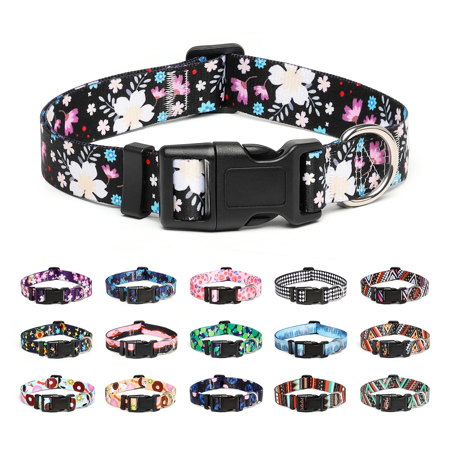 Mercano Adjustable Dog Collar - Special Design Patterns, Soft Nylon Comfortable Durable Pet Collar For Small Medium Large Dogs (M, Floral White)