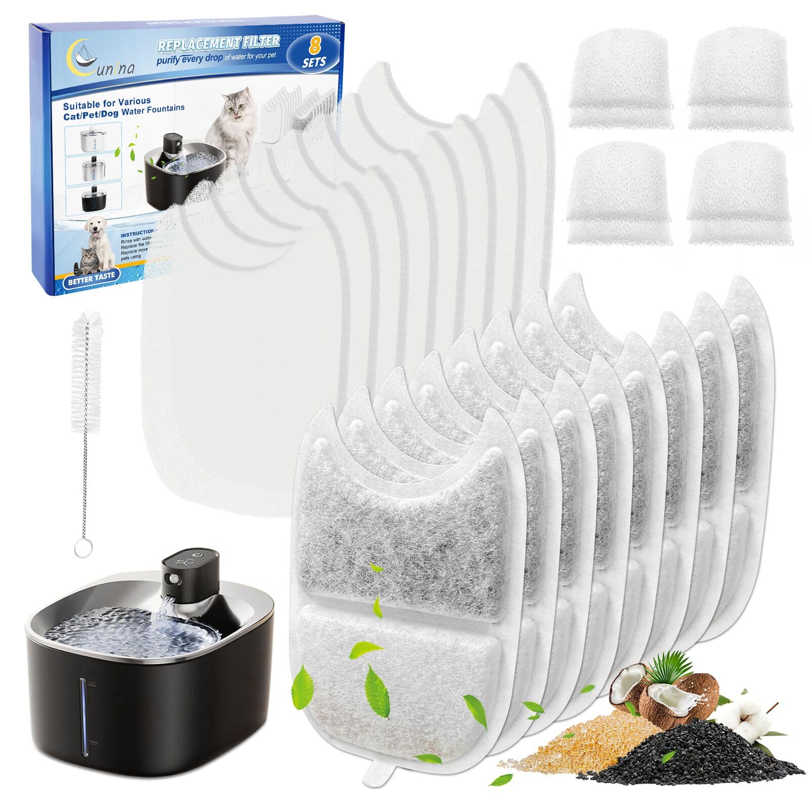 Cunina 8+8 Set Cat Water Fountain Filters & Pump Sponges For 135 Fl Oz/4L Wilreless Cat Water Fountain, Replacement Filters & Sp