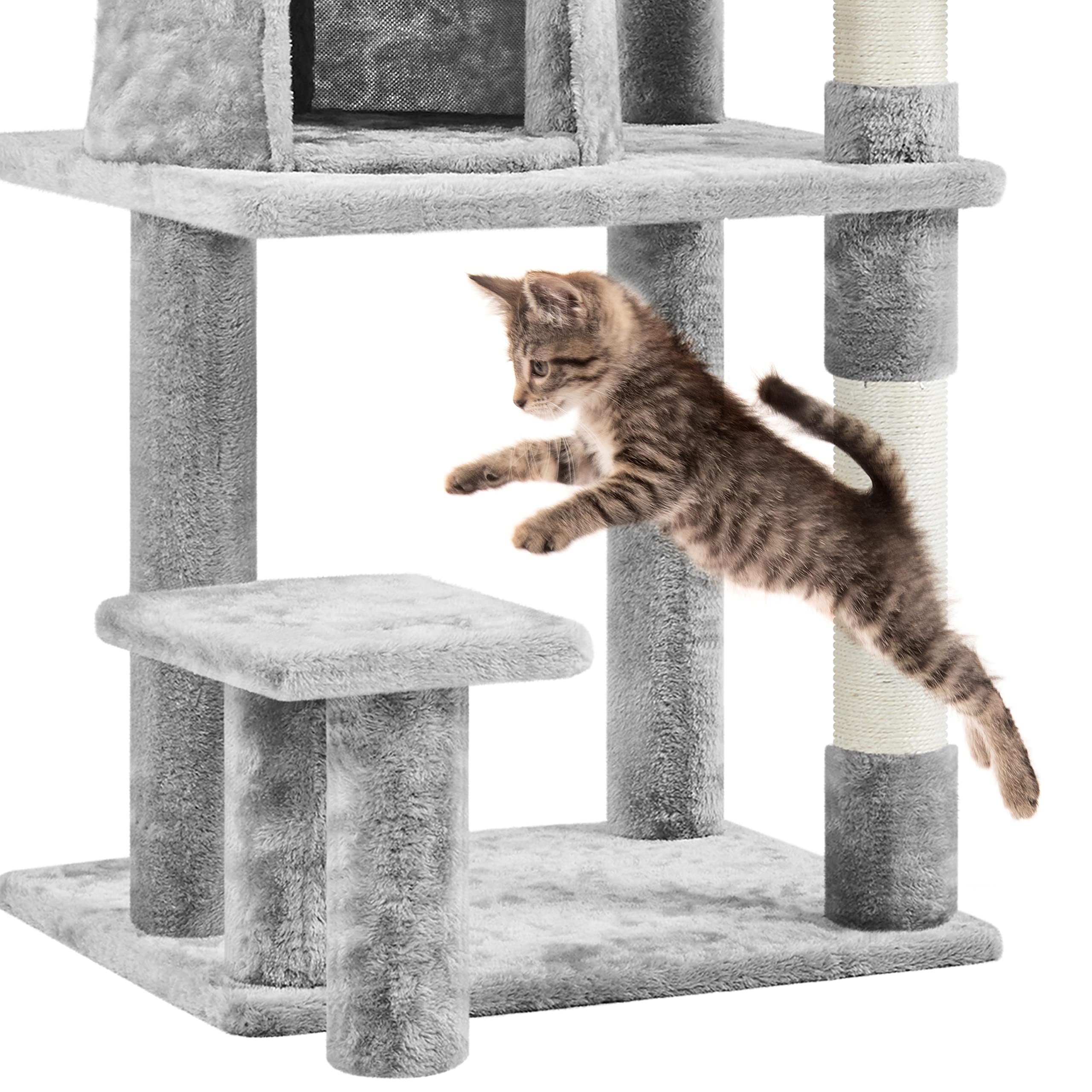 Topeakmart Cat Tree 57in, Multi Level Cat Tower with Basket & Condo & Scratching Post & Padded Perch & Extended Platform & Fur B