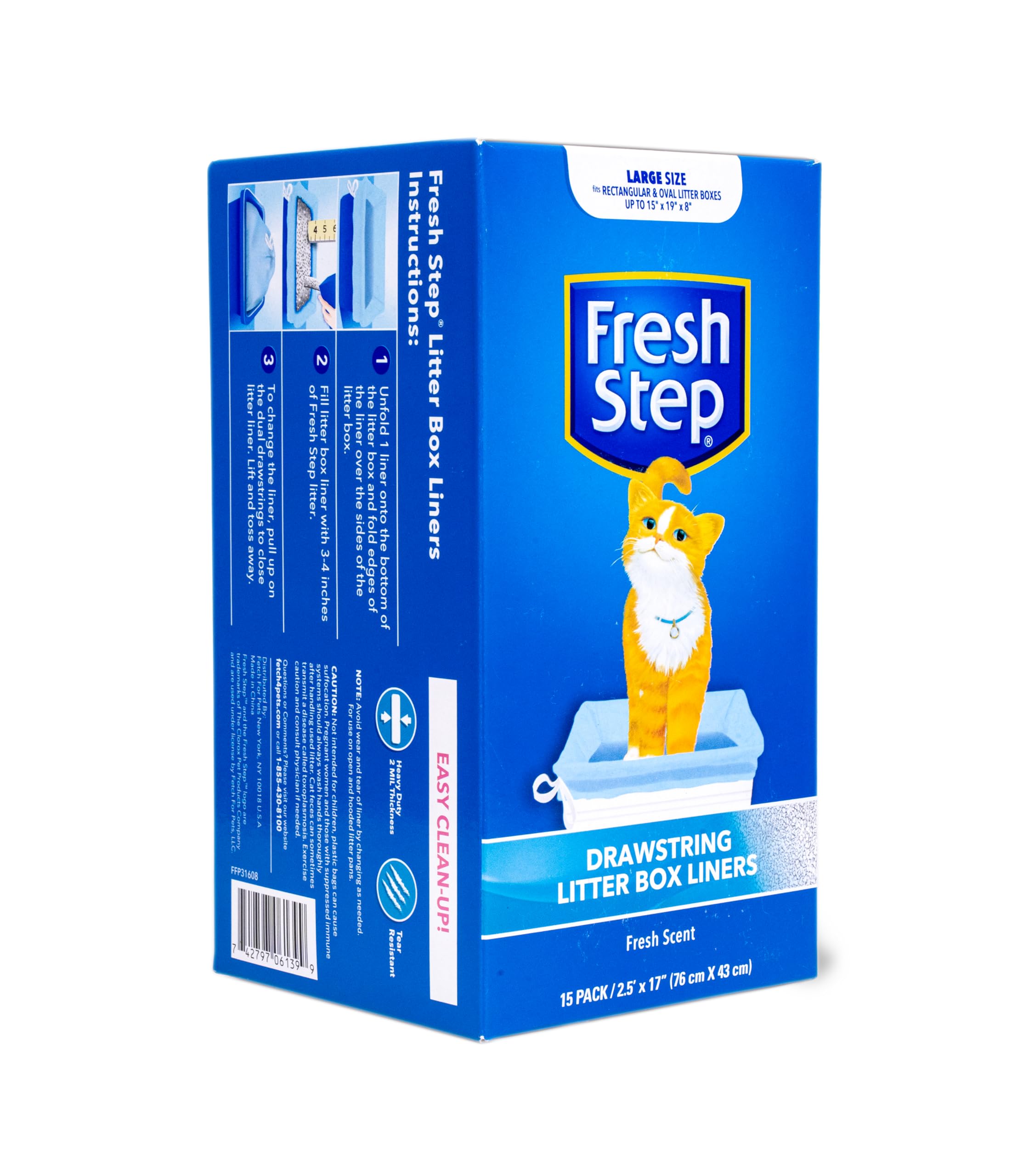 Fresh Step Drawstring Cat Litter Box Liners, Fresh Scent, Size Large, 30' X 17' | Kitty Litter Bags - Cat Litter Liners For Rectangle Or Oval Litterboxes, 15 Count - 12 Pack