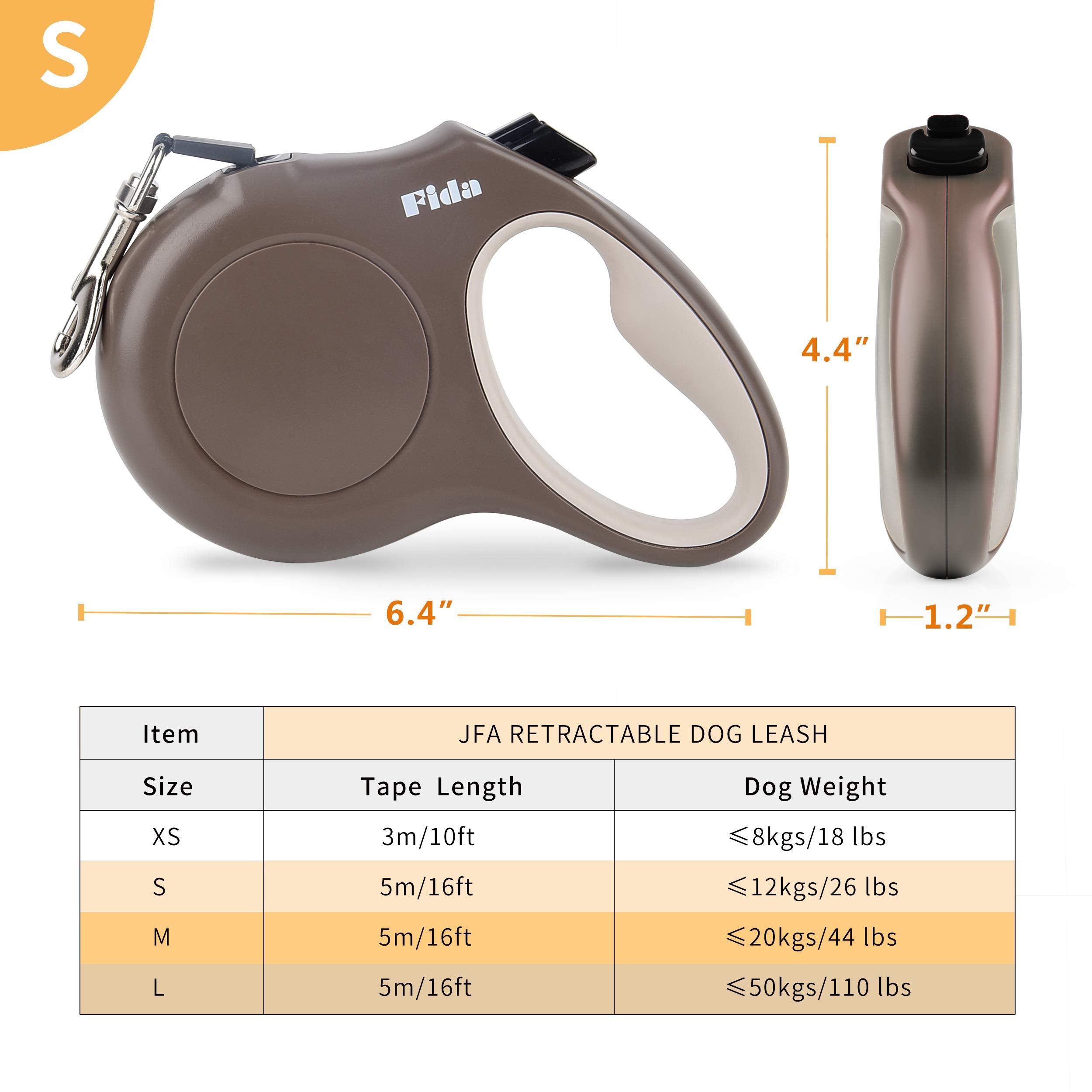 Fida Retractable Dog Leash - 16ft Tangle-Free Walking Leash for Small Dogs (up to 26lbs) - Coffee/Brown, Resin Material
