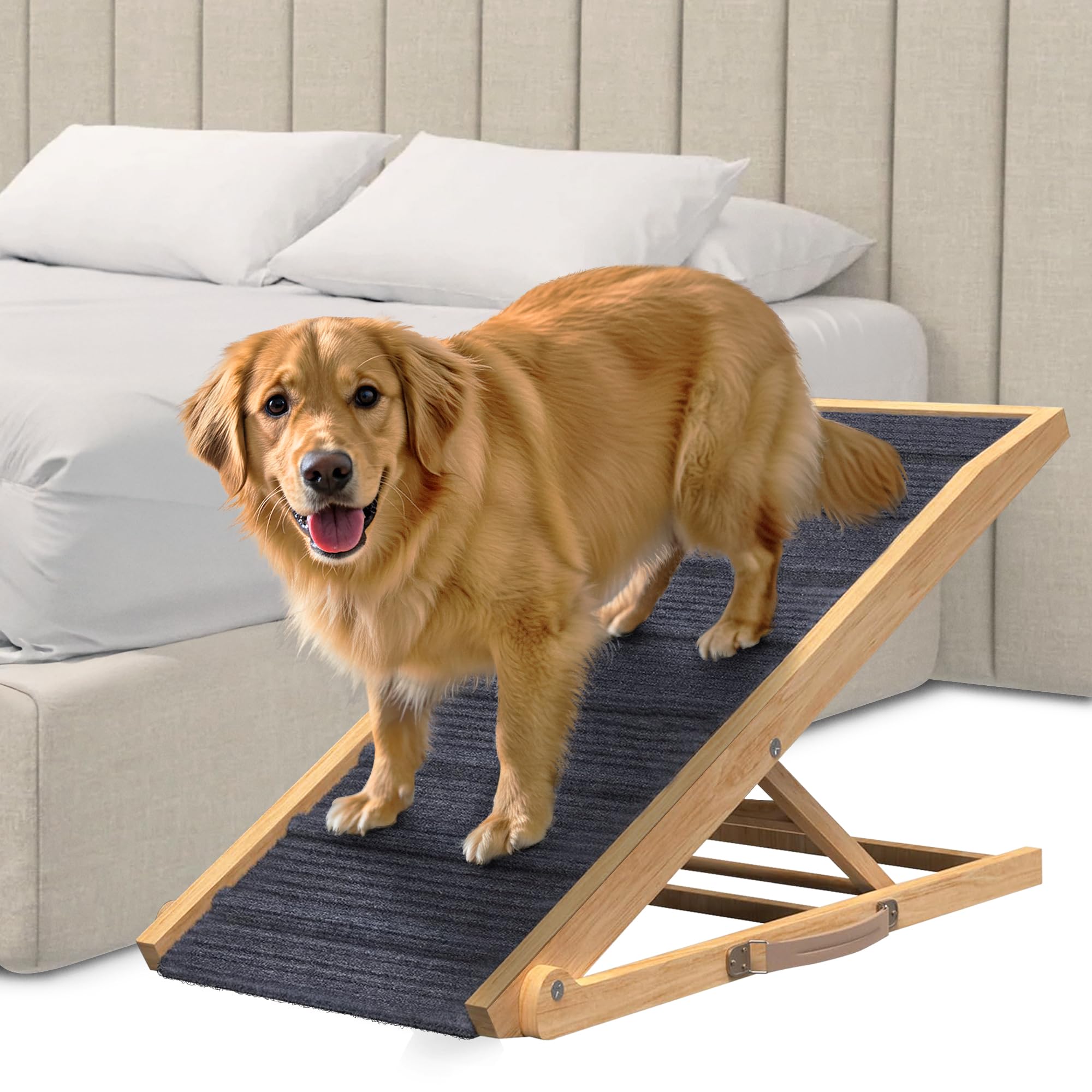 Pathosio Dog Ramp - Helps Dogs Of All Ages And Sizes Get On Beds - Adjustable Wooden Design - Portable Indoor/Outdoor Stairs (Na