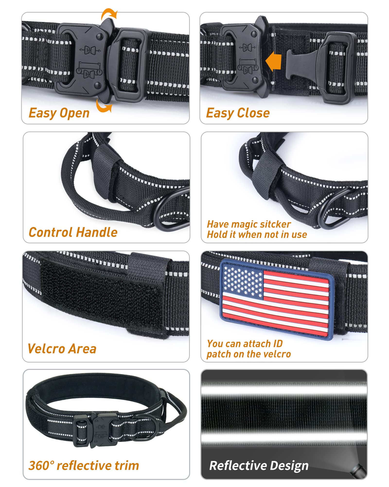 Reflective Dog Collar, Aubeel Tactical Dog Collar For Medium Large Dogs, Heavy Duty Dog Collars With Handle And Metal Buckle Great For German Shepherd, With Airtag Holder And 2 Patches(Black, L)