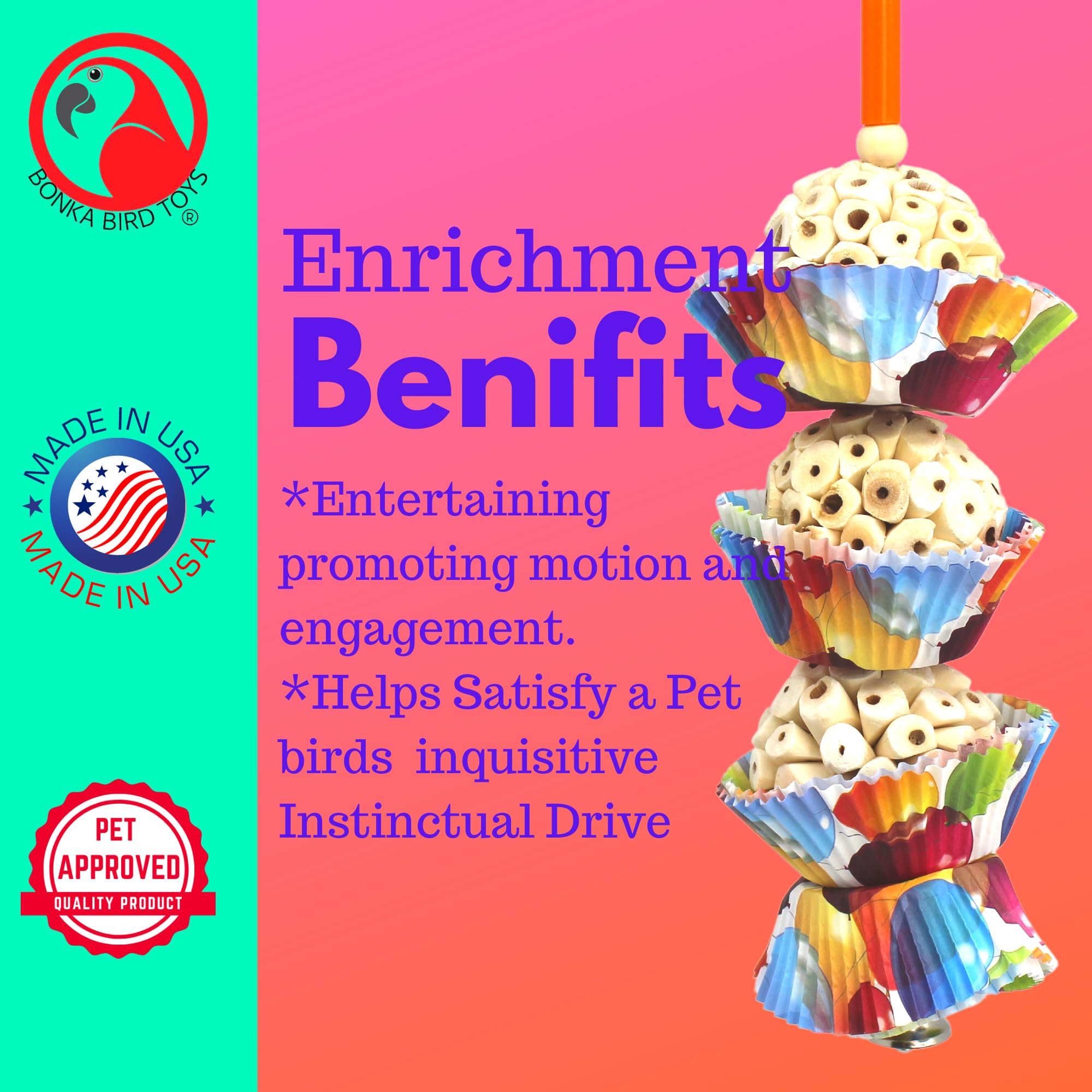 Bonka Bird Toys 1931 Three Cake, 11.75' Hanging Bird Toy With Sola Balls, Cupcake Cups, Wooden Beads, Bell, And Straw, Chewable And Shreddable, Safe For Parrots, And Small Birds