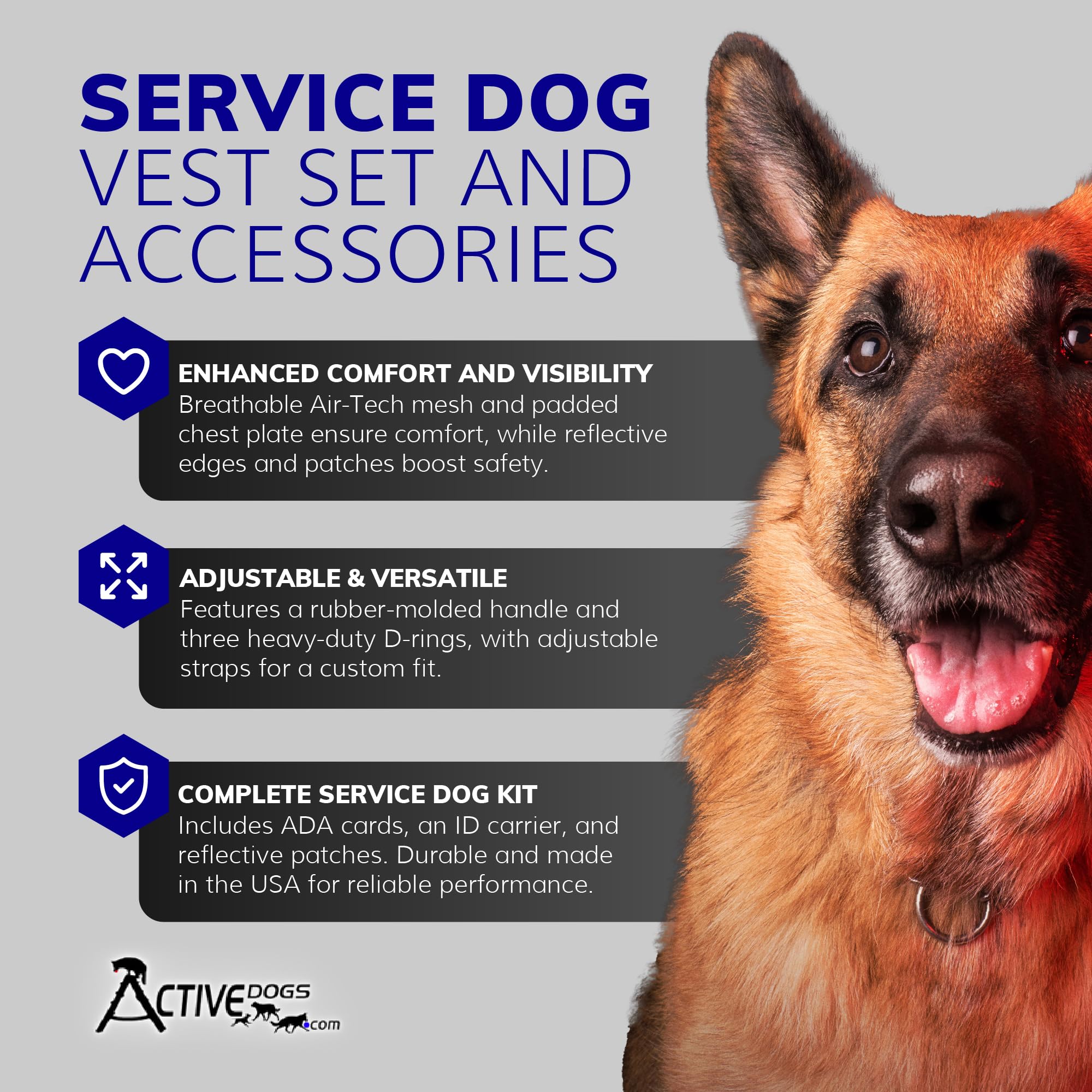 Activedogs Service Dog Vest Harness + Free Clip-On Bridge Handle + Free Clip-On Id Carrier + Free Ada Cards + Free Reflective Se