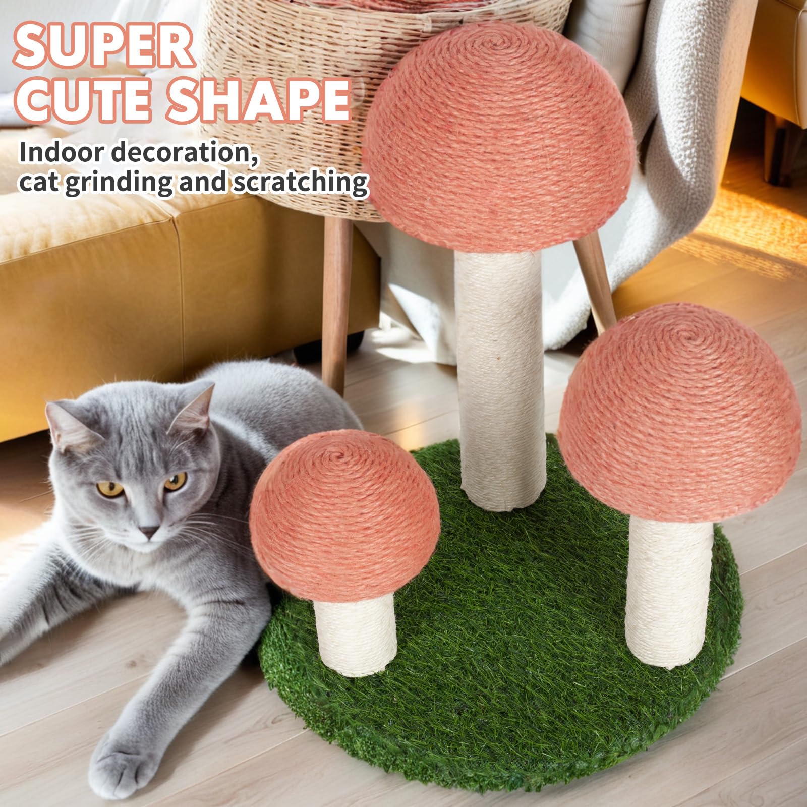 Powerking Cat Scratching Post, Mushroom Claw Scratching Post For Cat, Natural Sisal Cat Scratchers With 3 Mushroom Pole, Cat Int