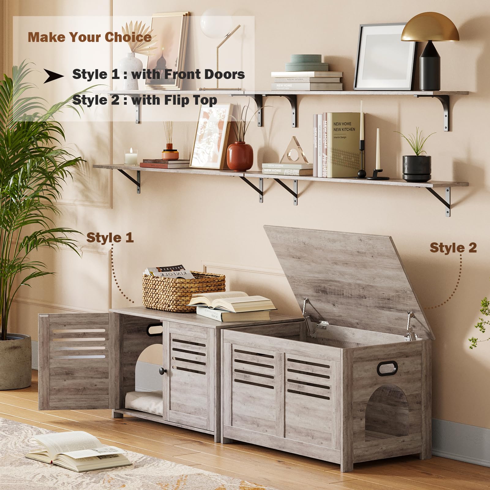 Dinzi Lvj Litter Box Enclosure, Cat Litter House With Louvered Doors, Entrance Can Be On Left Or Right Side, Spacious Hidden Cat Washroom For Most Of Litter Box, Cat Furniture Cabinet, Greige