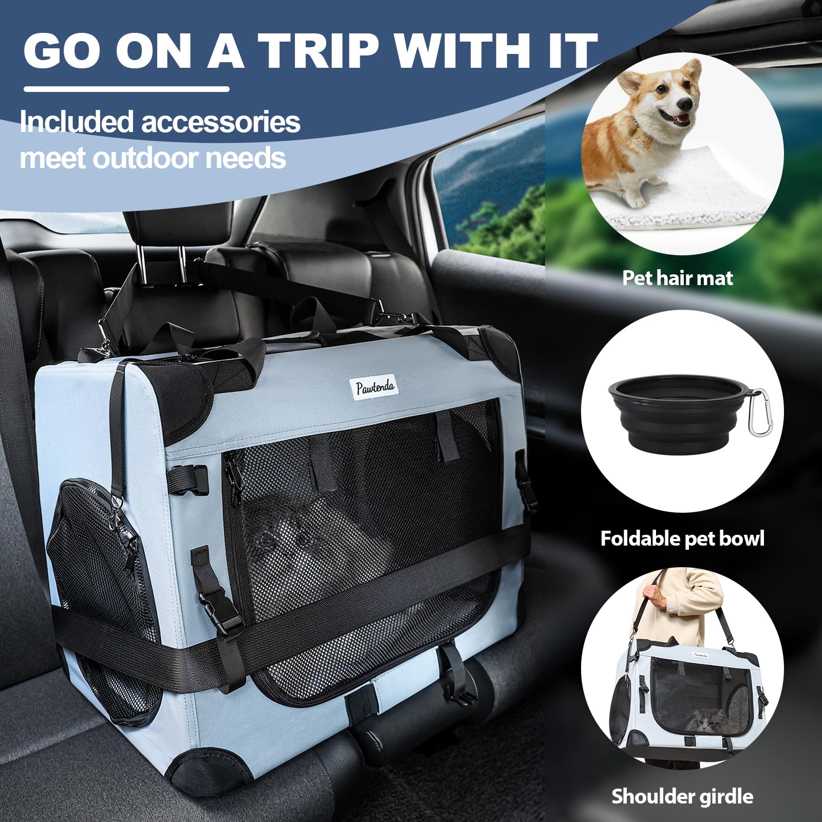 Pawtenda Large Cat Carrier for 2 Cats, 24x17x17 Collapsible Soft-Sided Travel Pet Carrier with Bowl/Mat/Blanket, Expandable Clos
