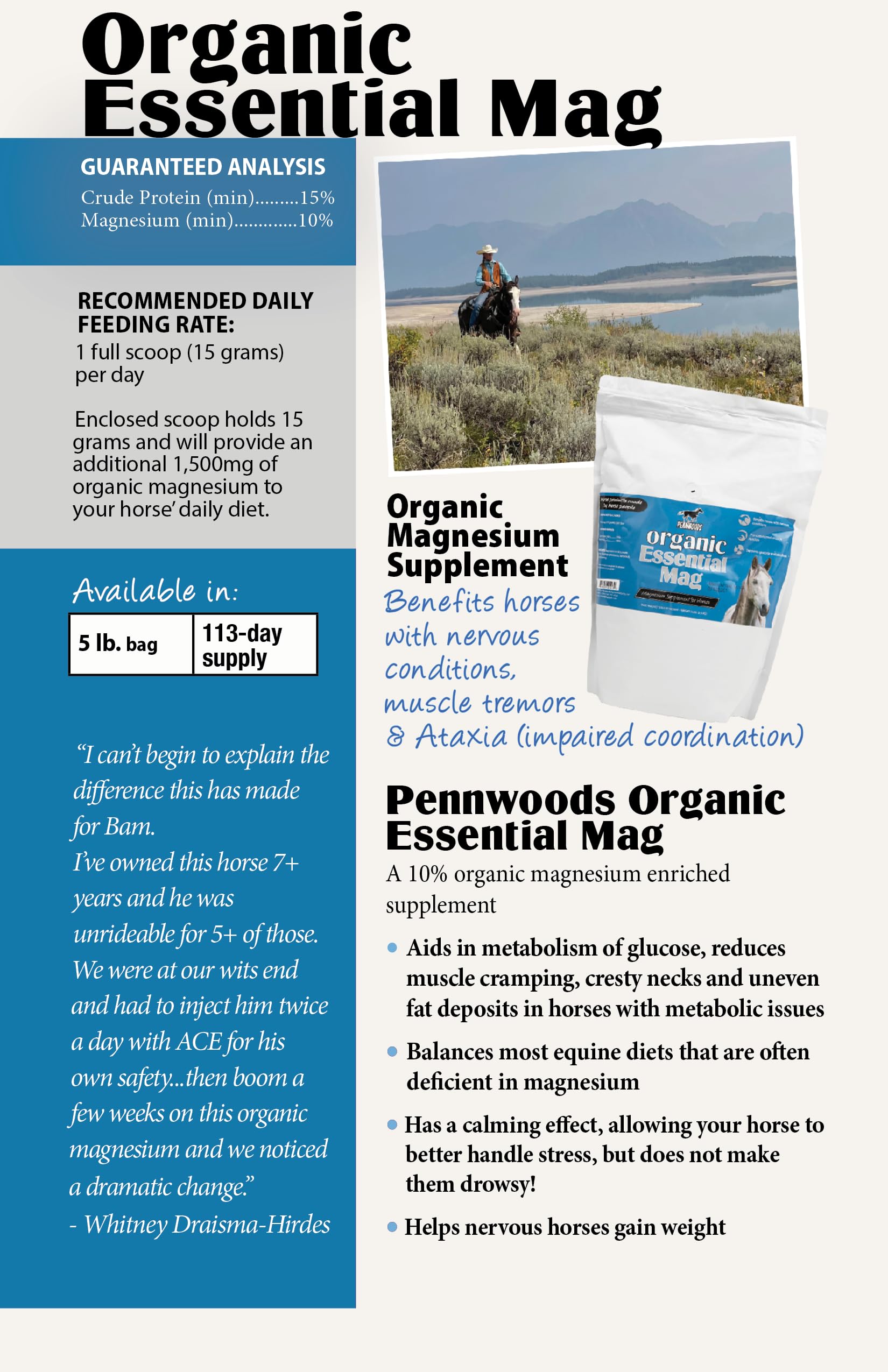 Pennwoods Organic Essential Mag, Magnesium for Horses Supplement, Aids in Glucose Metabolism, Reducing Stress and Provides Calm