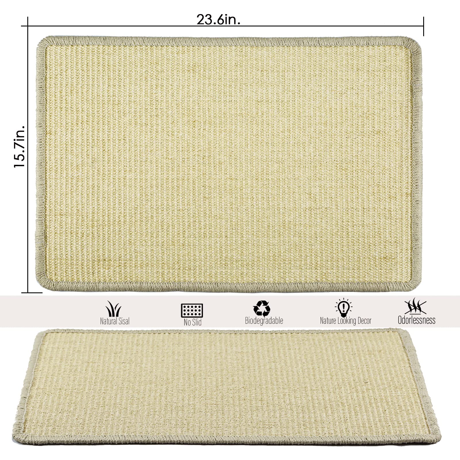 Pethave Cat Scratcher Mat, 23.6x15.7  Natural Sisal Scratching Pad with hook and loop Tape, Stick on Floor and Wall Cat Scratch