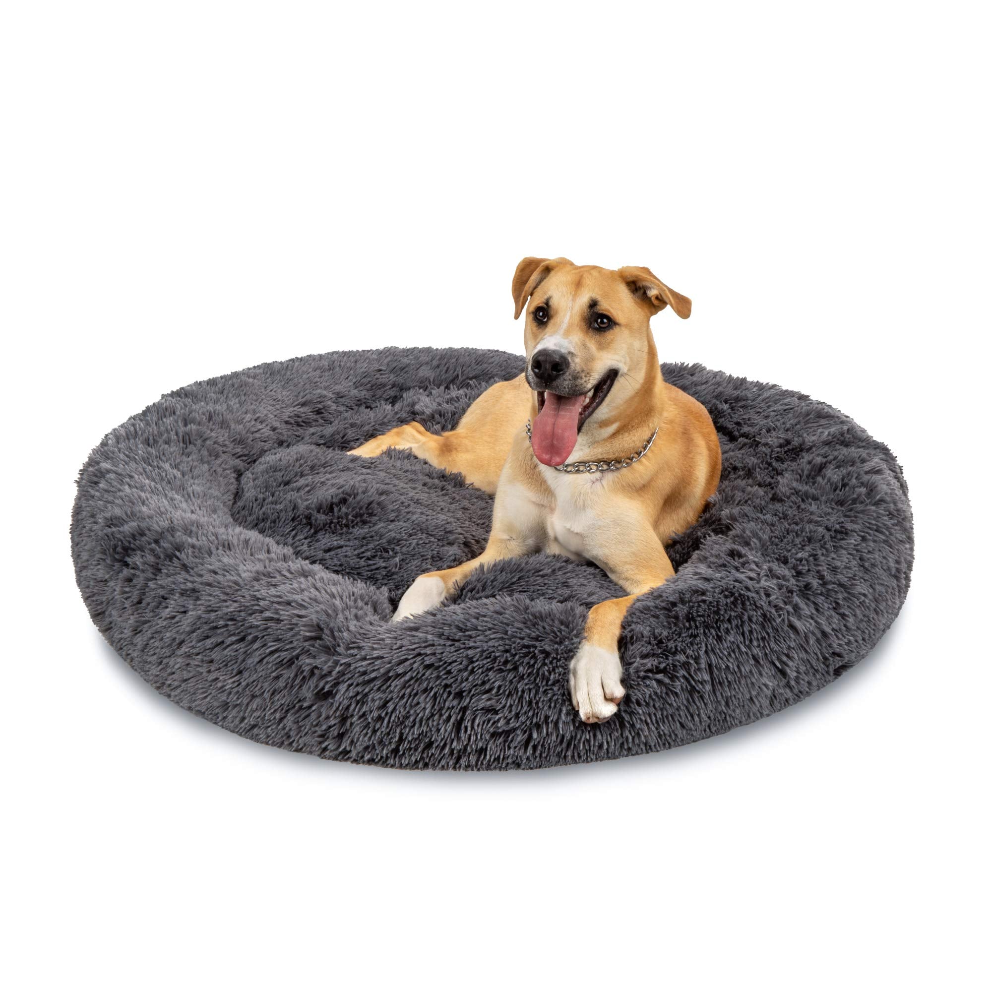 Best Choice Products 45In Dog Bed Self-Warming Plush Shag Fur Donut Calming Pet Bed Cuddler W/Water-Resistant Lining, Raised Rim - Gray