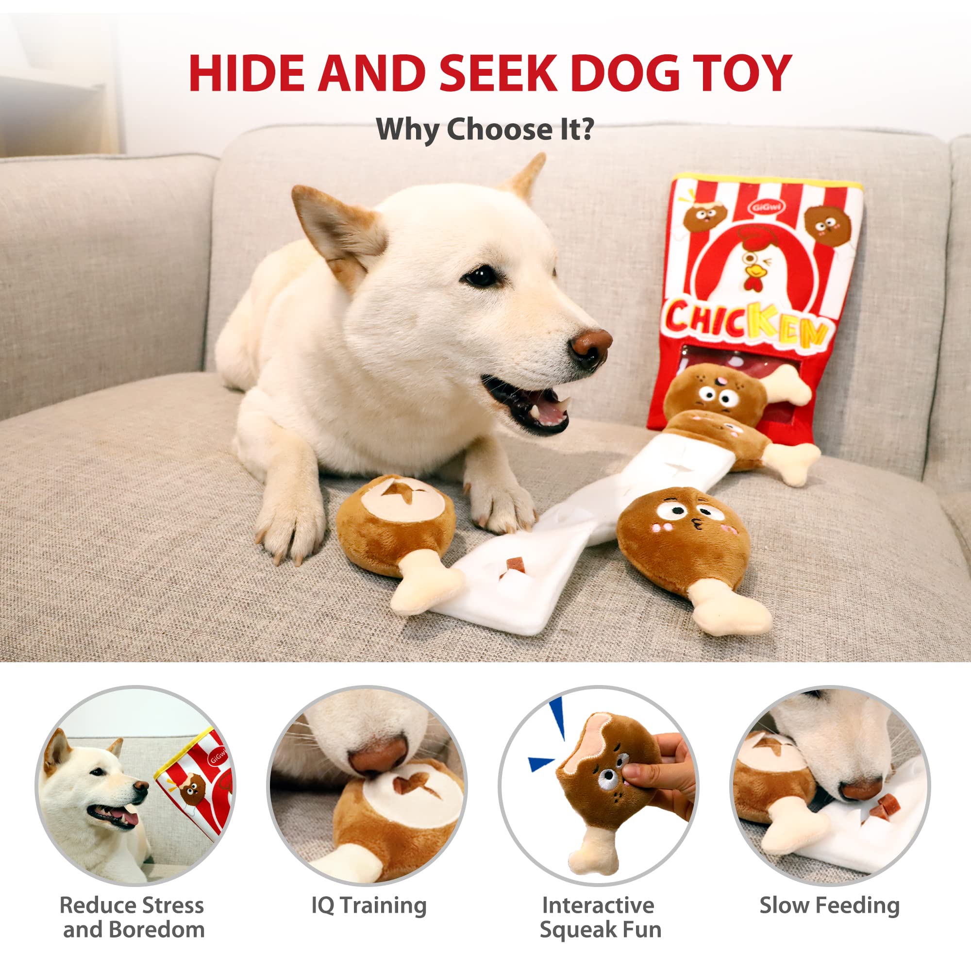 Gigwi Interactive Squeaky Dog Toys, Hide and Seek Dog Toys for Boredom and Stimulating, Funny Crinkle Dog Toy Set Bucket, 2-in-1