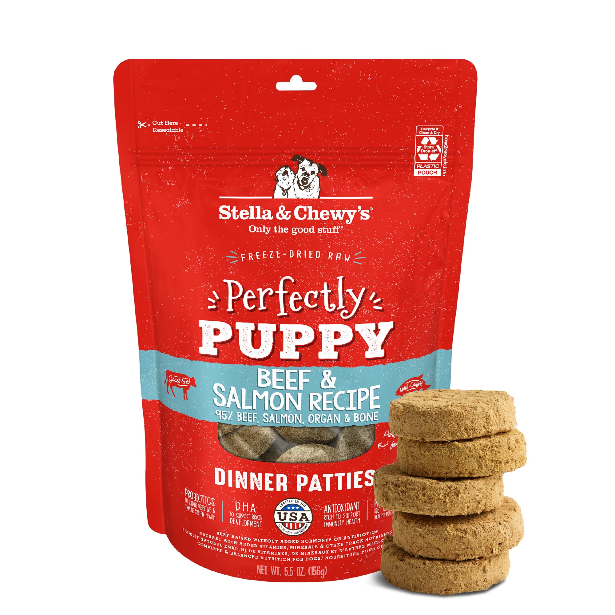 Stella & Chewys Freeze Dried Raw Dinner Patties - Crafted for Puppies - Grain Free, Protein Rich Perfectly Puppy Beef & Salmon 