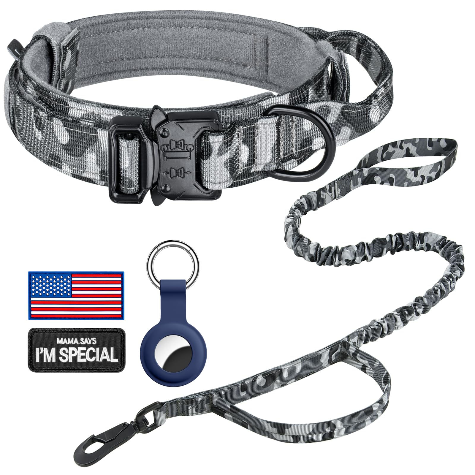 Daganxi Tactical Dog Collar, Adjustable Military Training Nylon Dog Collar With Control Handle And Heavy Metal Buckle For Medium And Large Dogs, With Patches And Airtags Case (S, Camo-Set)