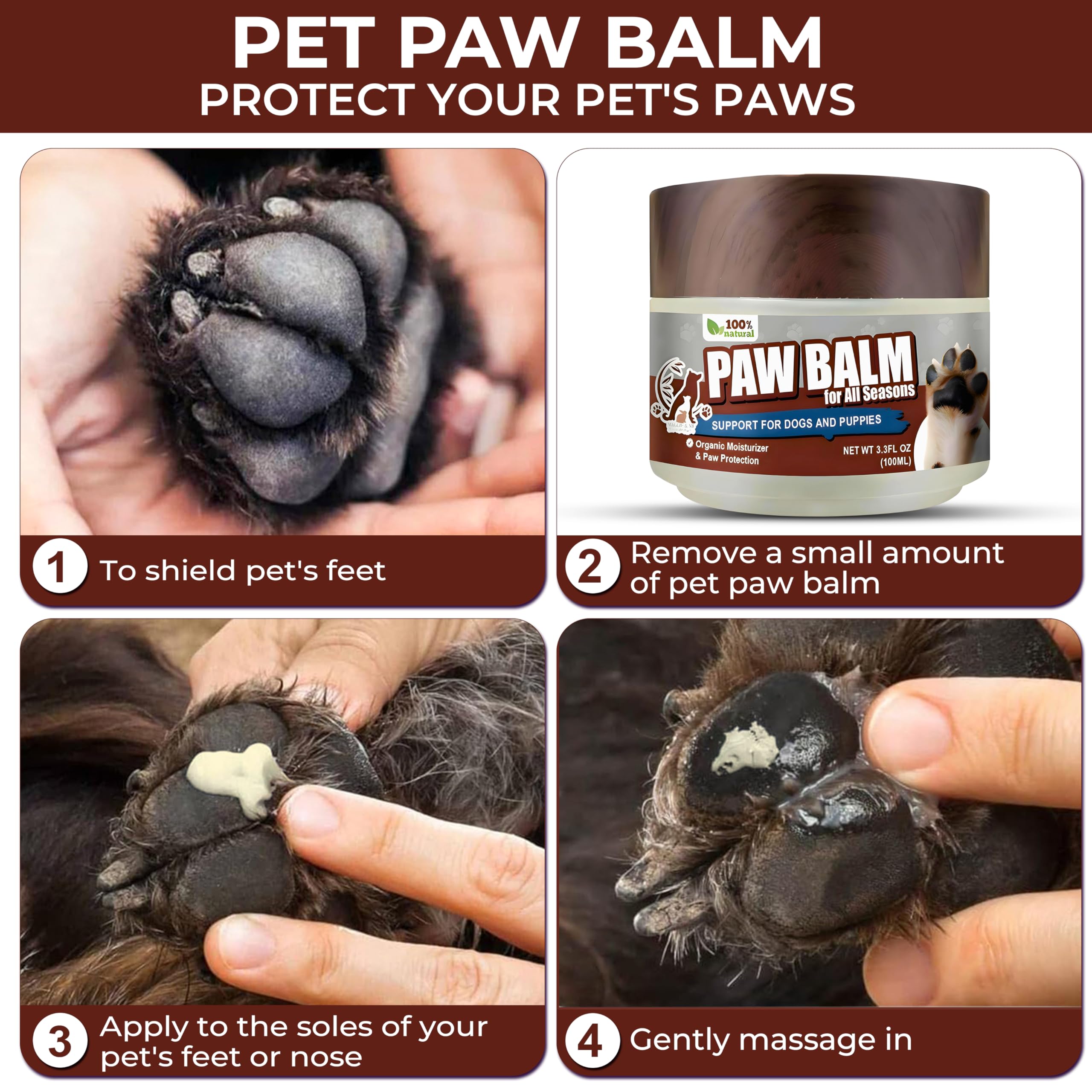Maggie & Me Natural Organic Paw Balm for Dogs - 3.3oz Dry Cracked Paw Treatment, Hot Pavement Protector, Itchy Skin Relief, Nose