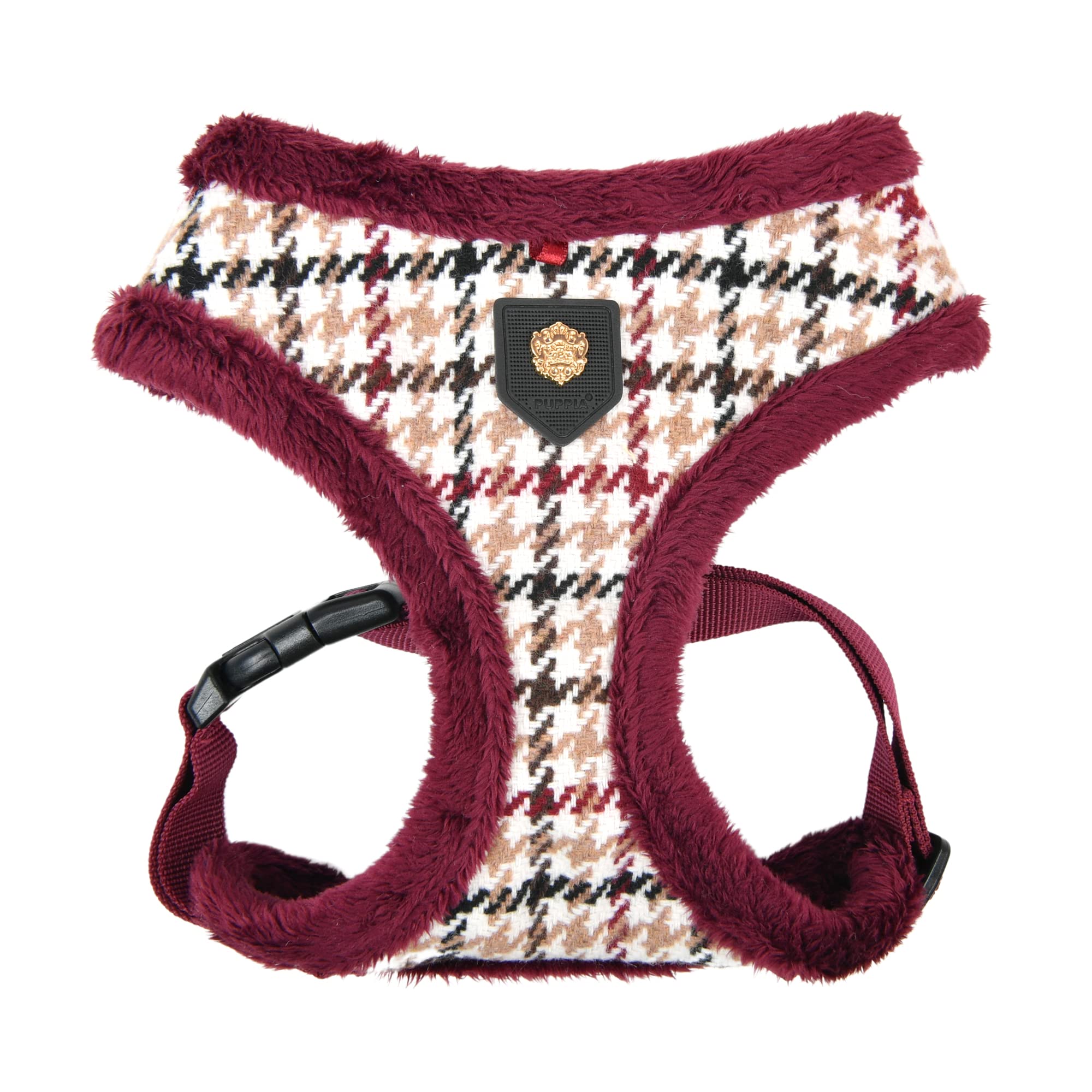 Puppia Kent Dog Harness Over-The-Head Warm Winter Houndstooth Pattern Adjustable Chest For Small And Medium Dog, Wine, Large