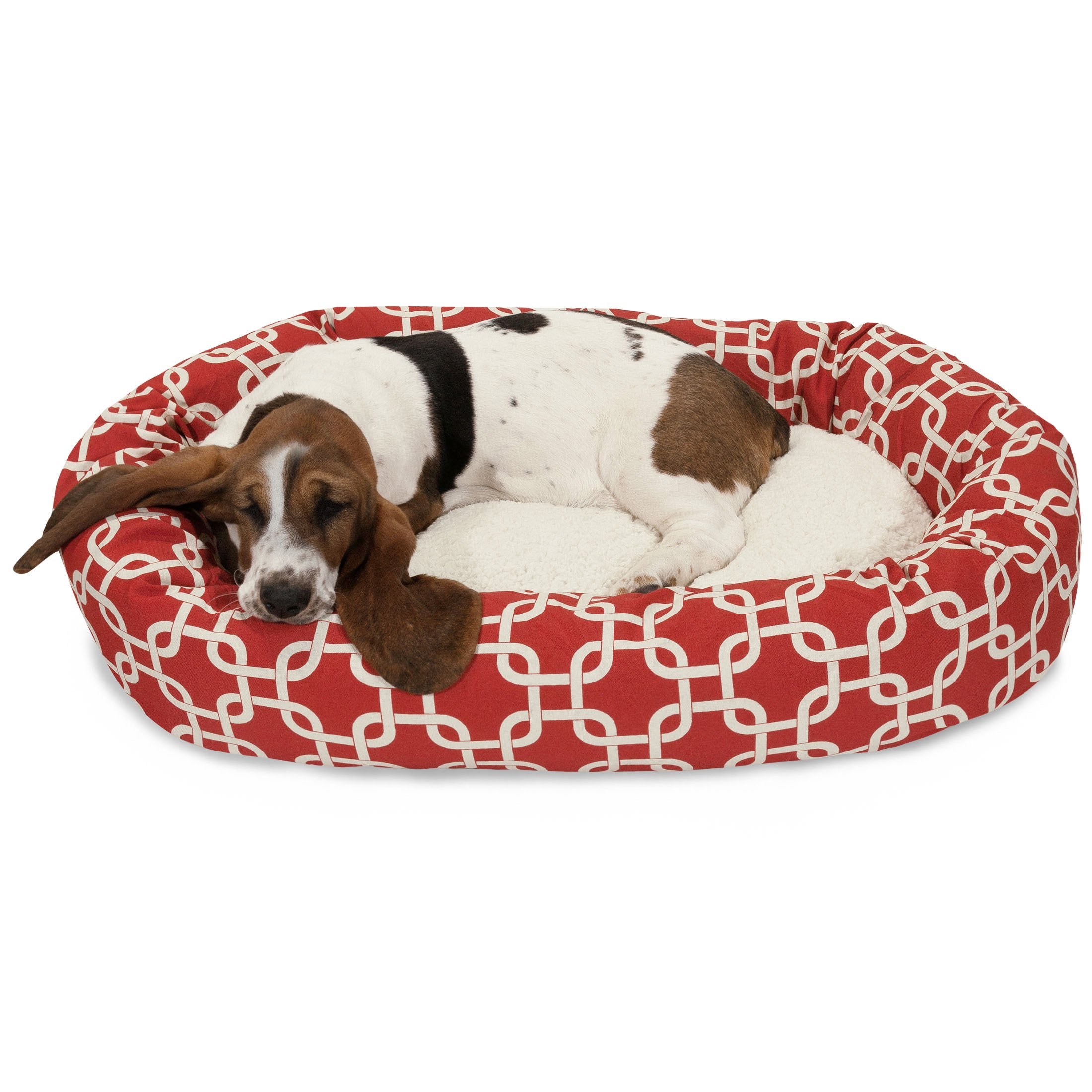 Majestic Pet 32 Inch Links Sherpa Calming Dog Bed Washable – Cozy Soft Round Dog Bed With Spine For Head Support - Fluffy Donut Dog Bed 32X23X7 (Inch) – Round Pet Bed Medium - Red