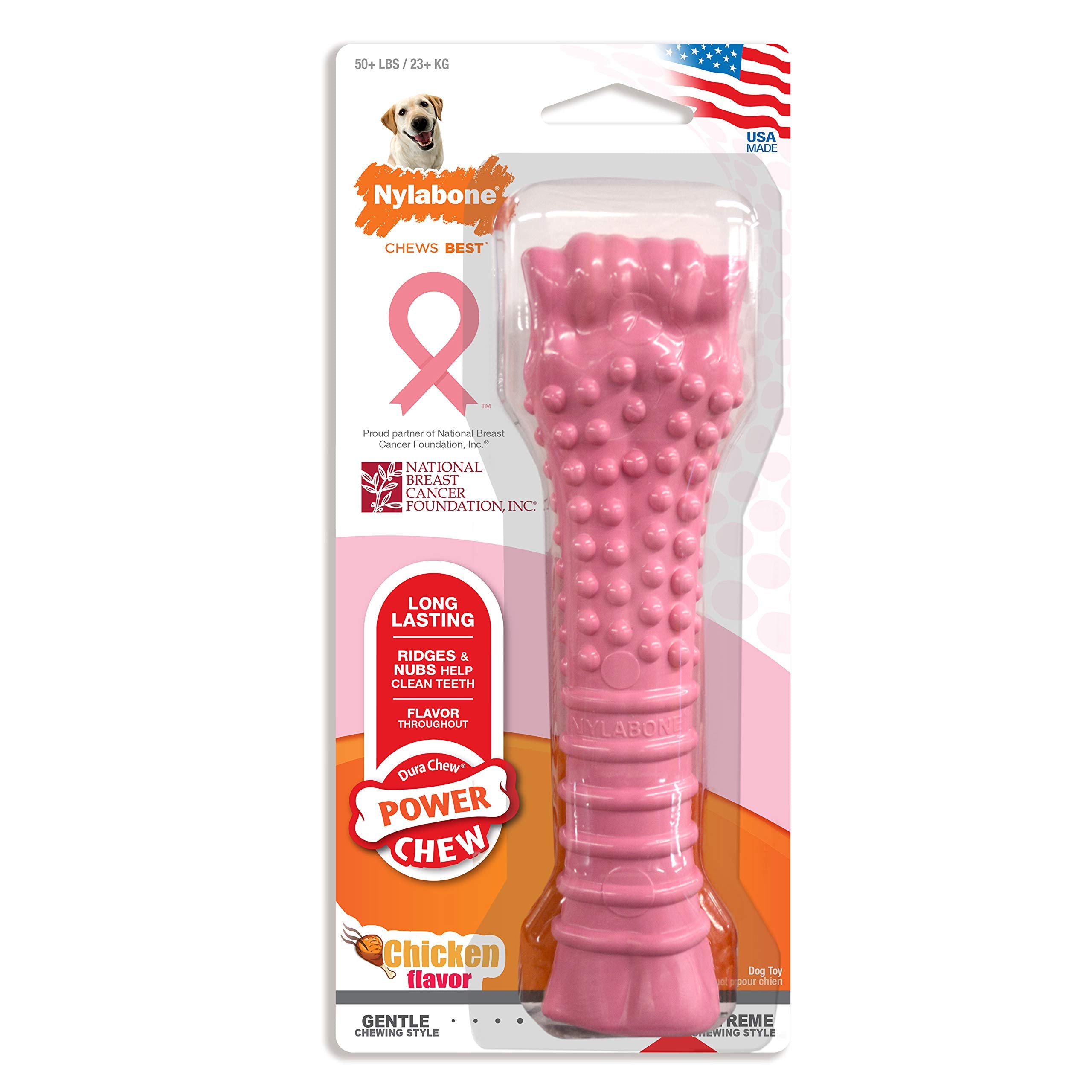 Nylabone Power Chew Breast Cancer Awareness Femur Bone Chew Toy for Dogs, Indestructible Dog Toys for Aggressive Chewers, Chicke