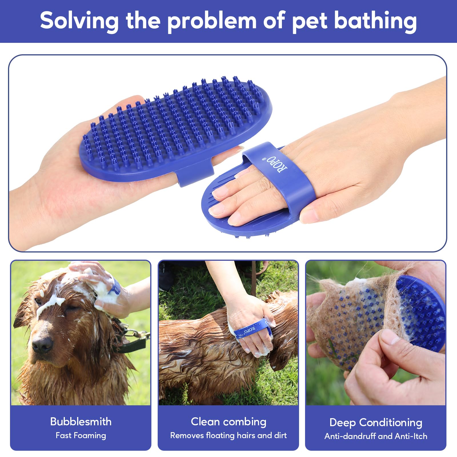 Dog Bath Brush, Ropo Rubber Massage Pet Shampoo Brush, Used For Pet Grooming, Removing Shedding Fur, Combing Tangles And Dead Fur, Suitable For Pet Dogs And Cats (Blue)