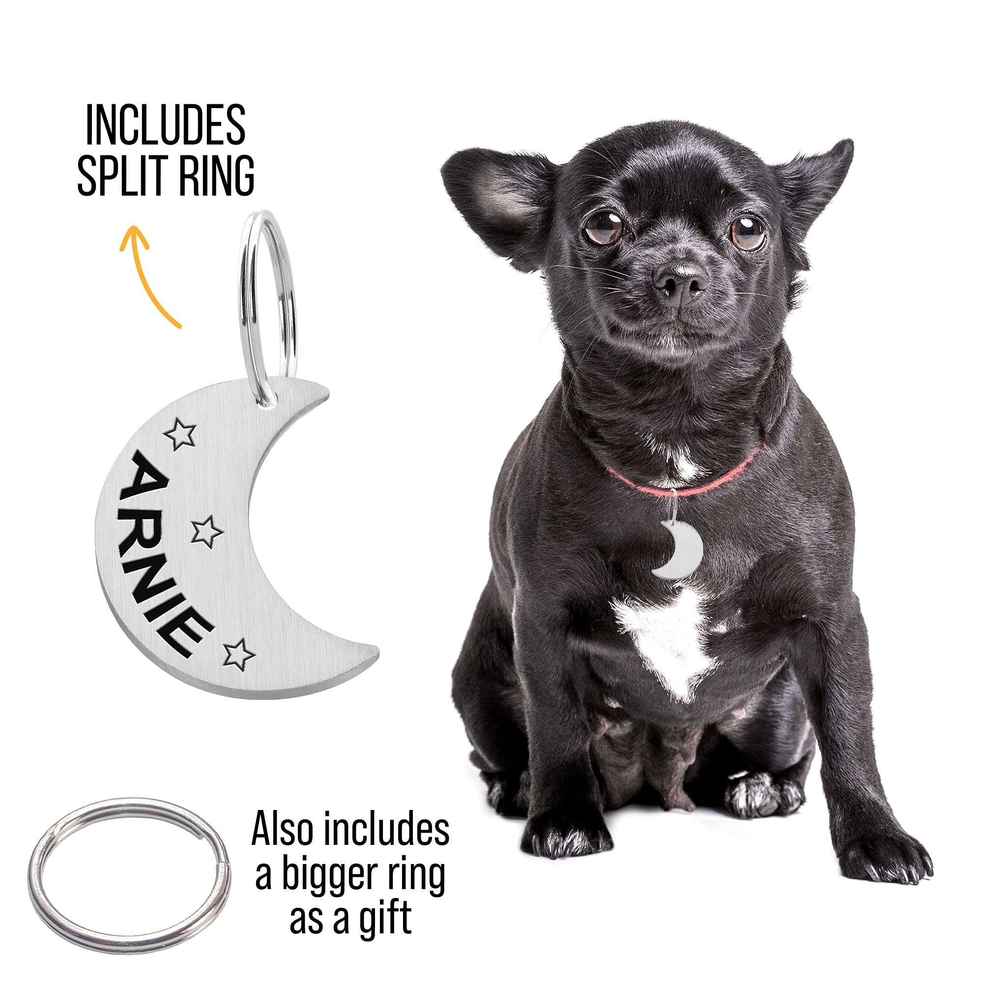 Custom Moon Pet Tag Id, Personalized Stainless Steel Cute Shiny Bling Stars Collar Tag Lost Boy & Girl Dogs Puppies Cats & Ring Engraved Sos Customizable With Owner Information Name, Phone, Address