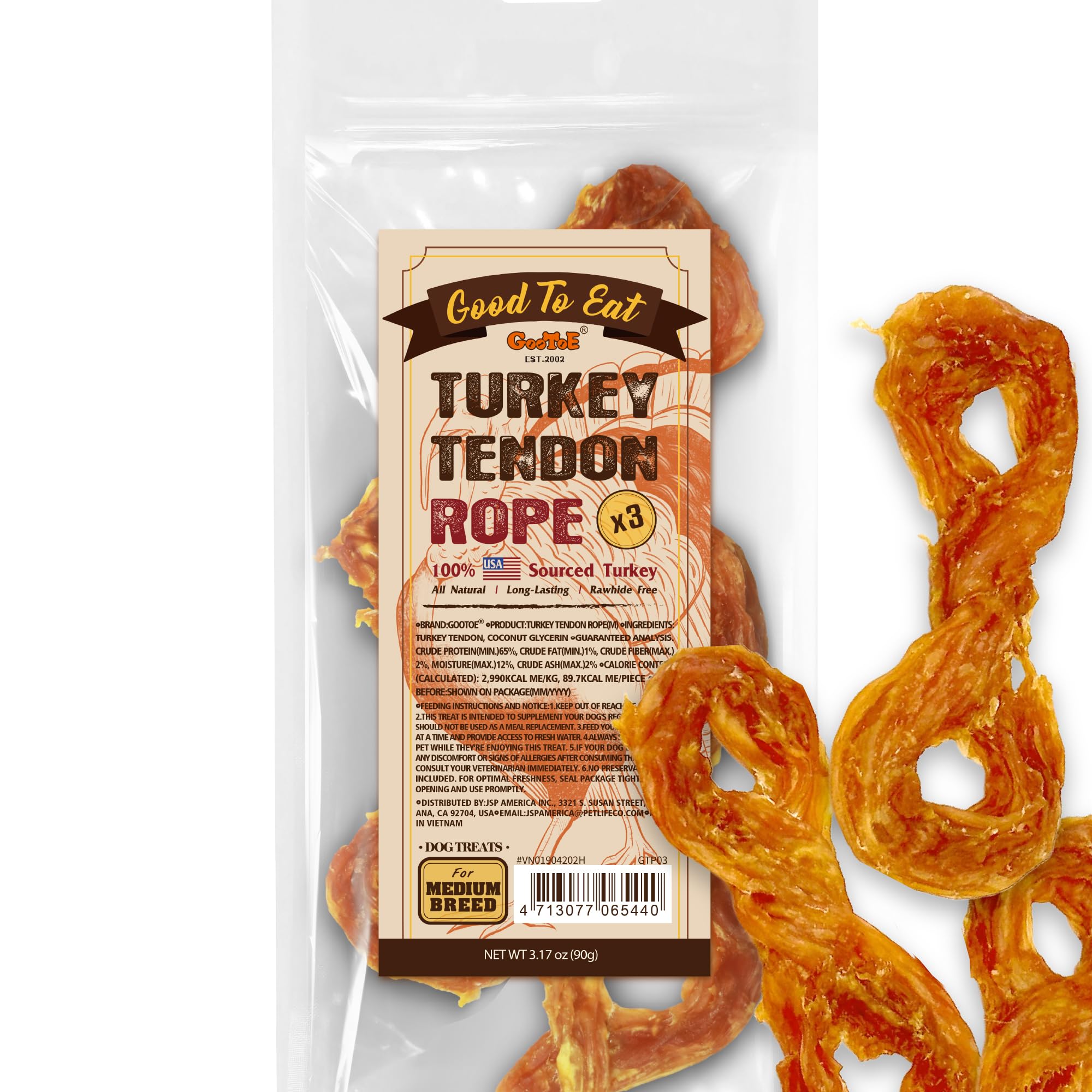 Gootoe Turkey Tendon Dog Treats - 100% USA-Sourced, Natural Snack, Premium Training Chews, Hypoallergenic, Reseal Value Bags, Si
