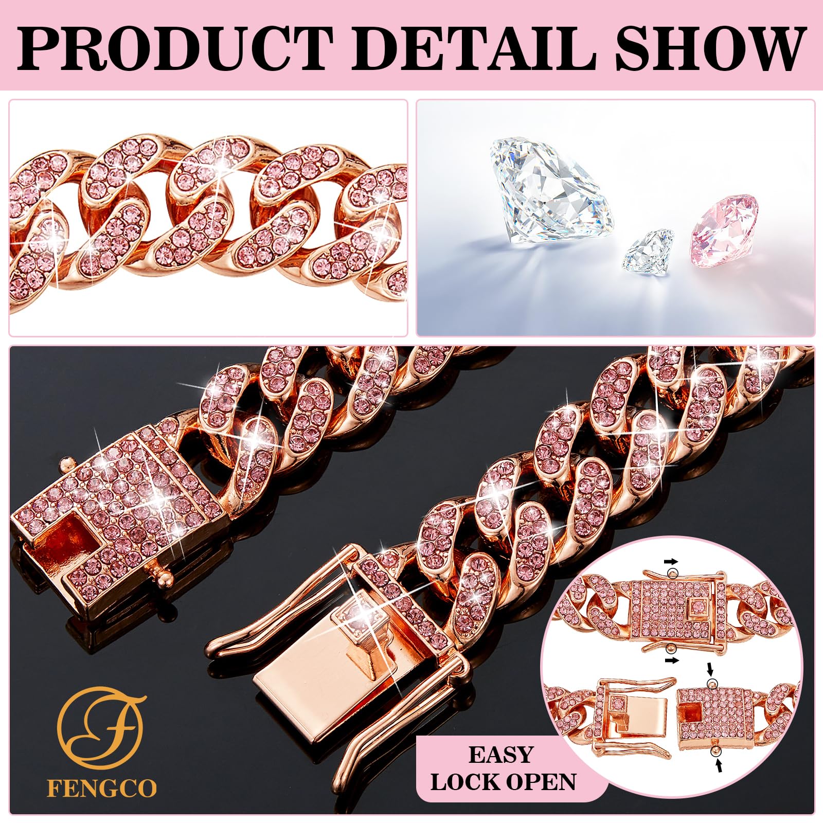 Rosegold Dog Chain Collar Diamond Cuban Link Dog Collar 13Mm Wide Dog Necklace Metal Cat Chain Pet Crystal Collar Jewelry Access