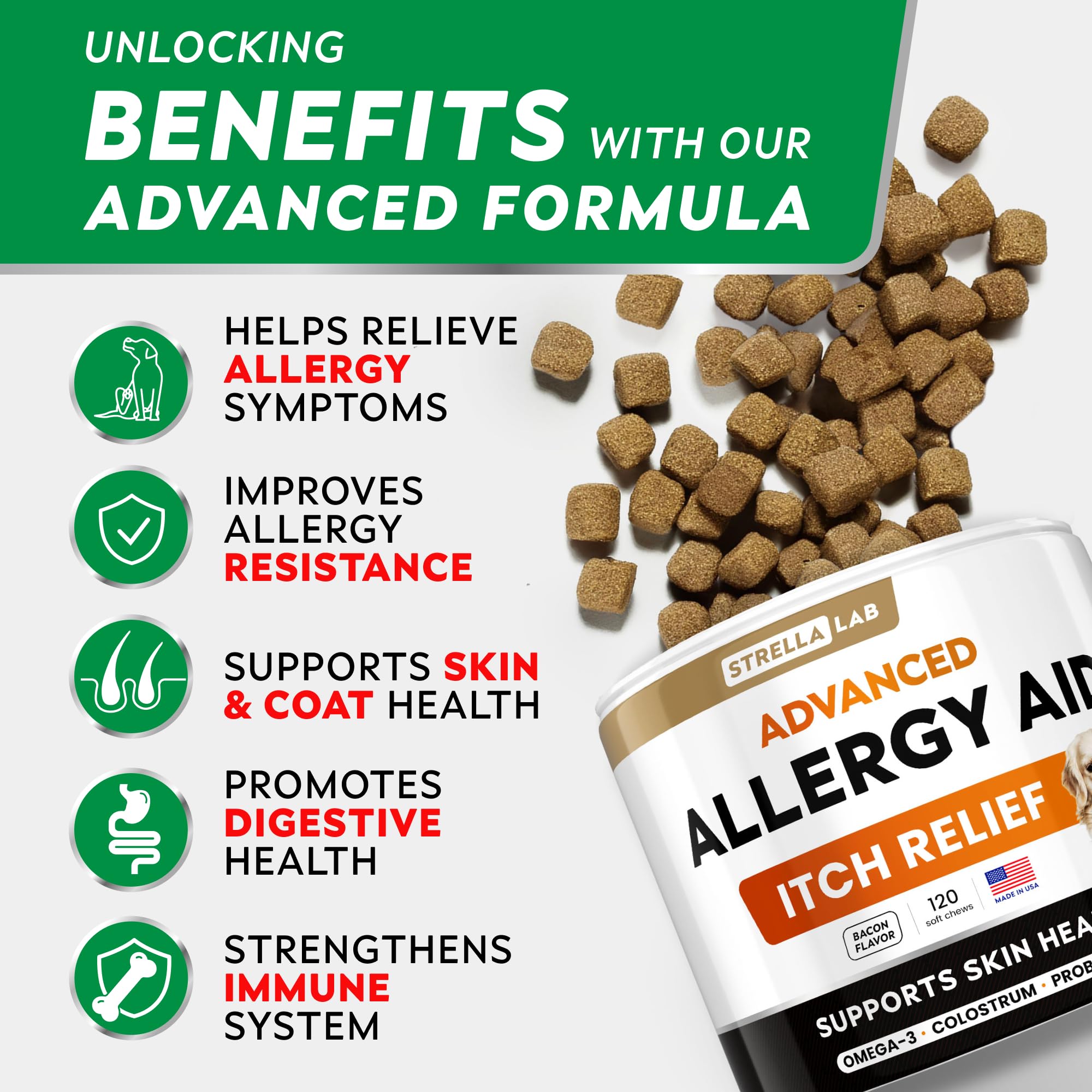 StrellaLab Dog Allergy Relief & Anti Itch Support Chews w/Omega 3: Real Ingredients, Real Taste! Skin & Coat Immune Supplement w