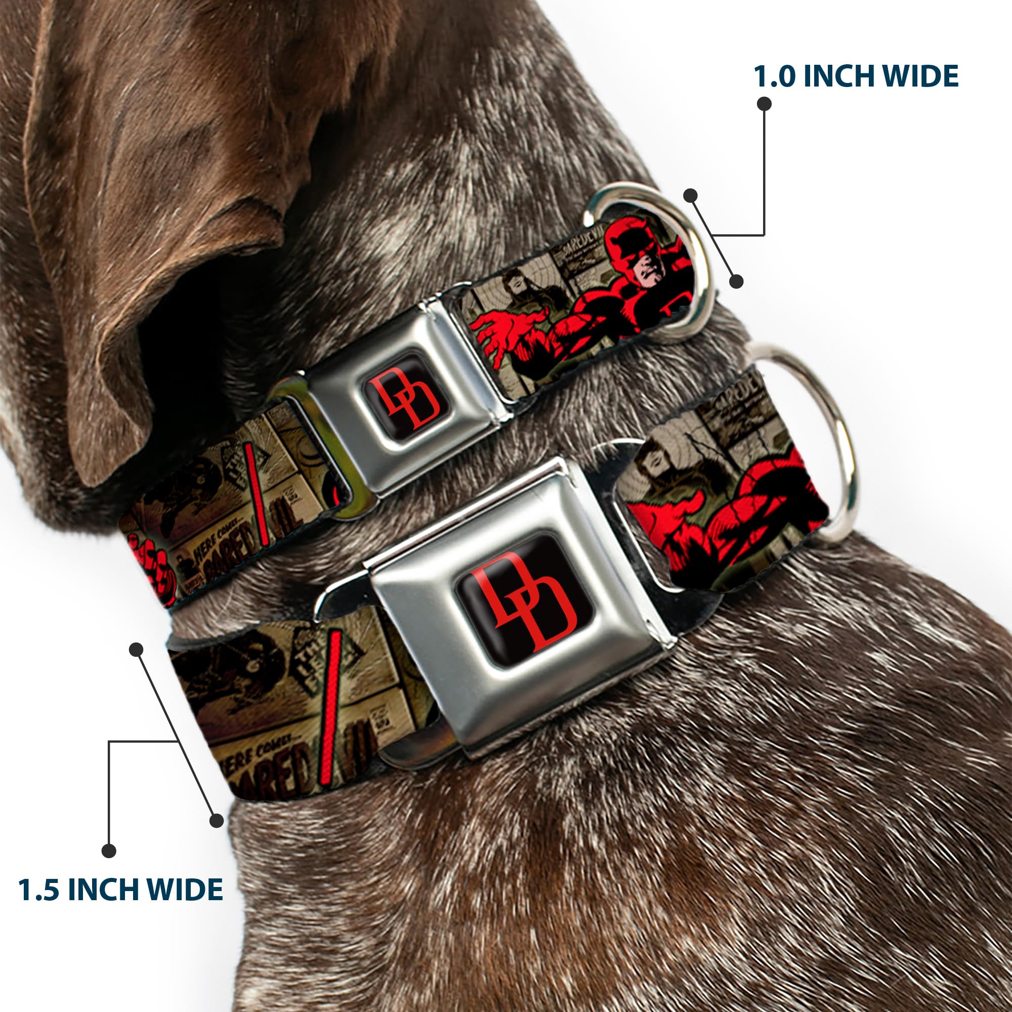 Buckle-Down Seatbelt Buckle Dog Collar - Daredevil Action Poses/Comic Panels Grays/Red - 1'' Wide - Fits 15-26'' Neck - Large