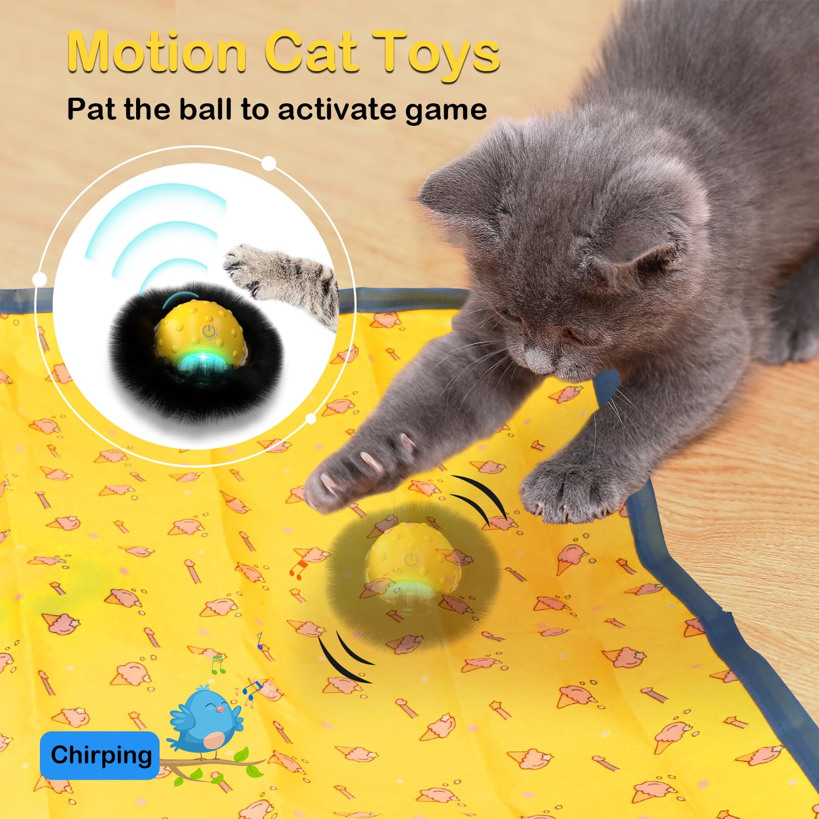 Muhhiba Interactive Cat Toy - Electric Rolling Ball, Medium, Yellow, Motion Activated with LED Light, Ideal for Indoor Cats