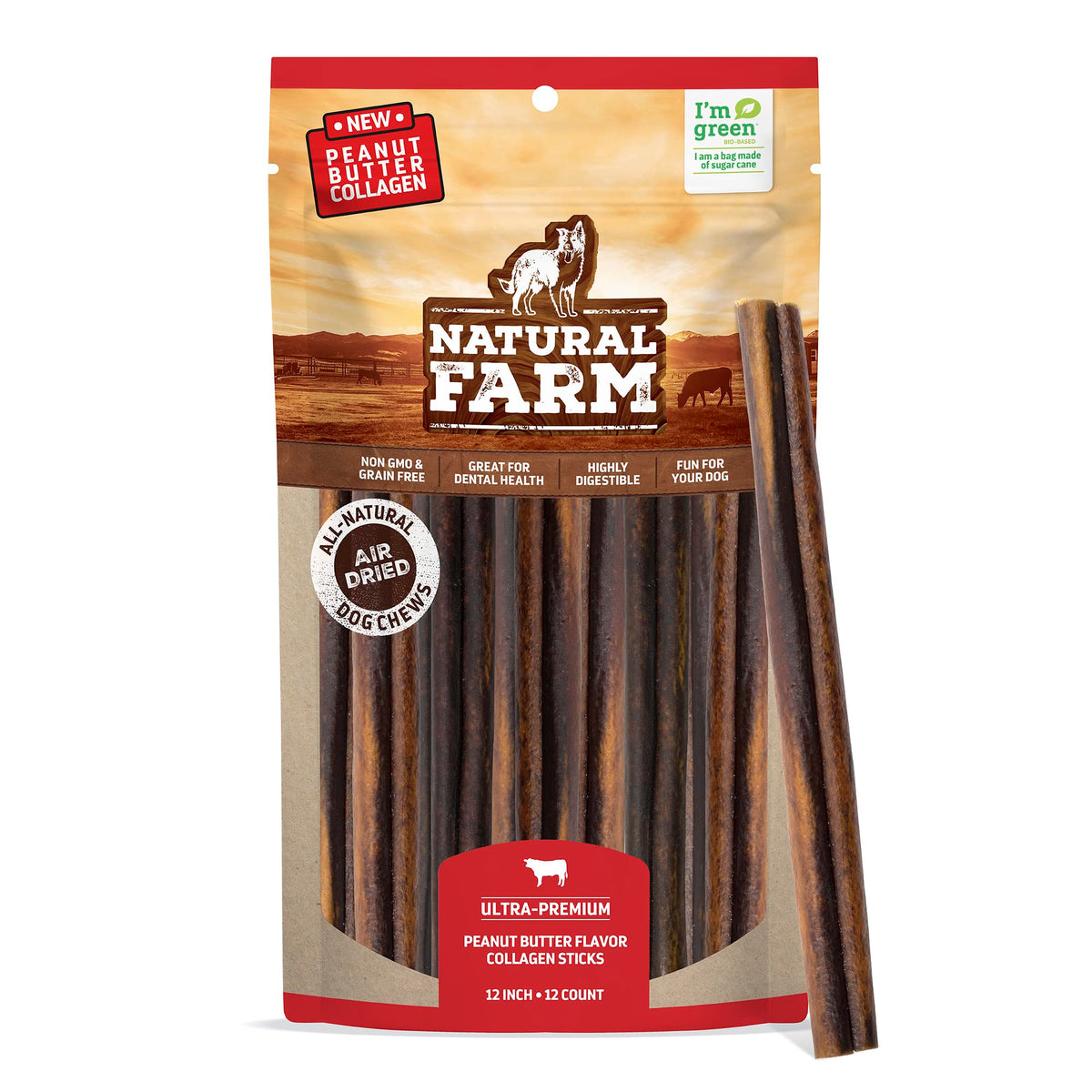 Natural Farm Peanut Butter Flavor Collagen Sticks For Dogs (12 Inch, 12 Pack), Long-Lasting Beef Collagen Sticks, Rawhide Alternative Chews With Chondroitin & Glucosamine, Low-Fat Dental Treats