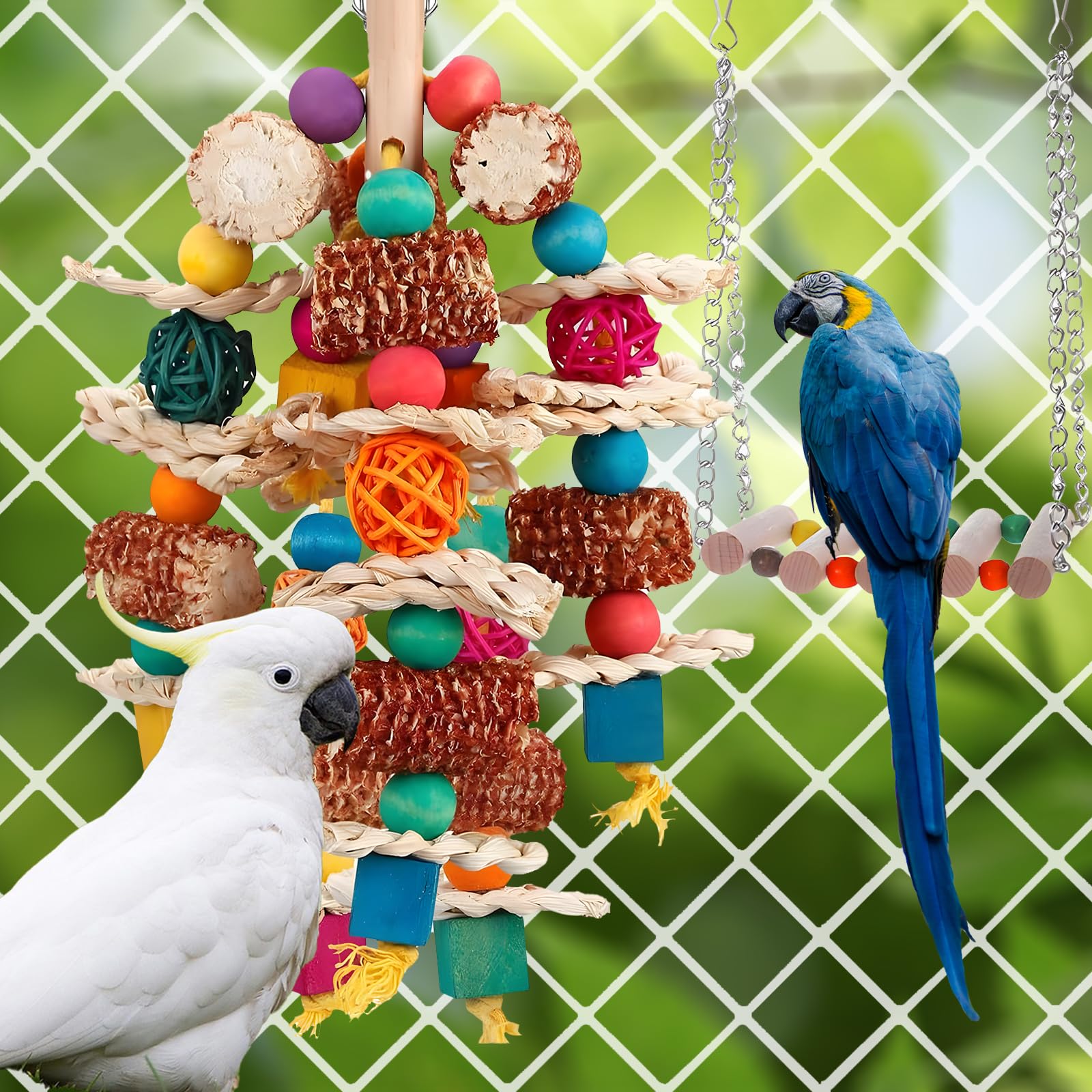 Cnymany 2 Pcs Parrot Toys, Natural Corn Cob Bird Chewing Toys And Bird Swing Toy, Bird Cage Accessories For Cockatiels, African