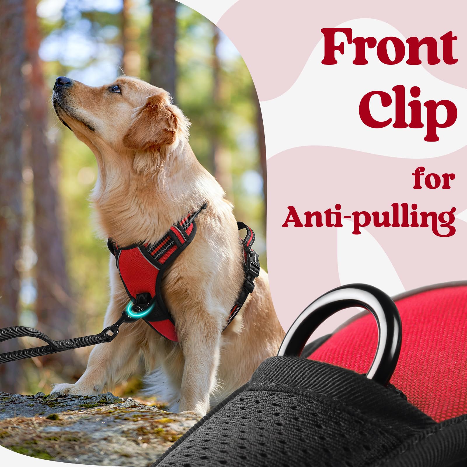 Rabbitgoo Dog Harness For Large, No Pull Pet Harness With 3 Buckles, Adjustable Soft Padded Pooch Vest With Instant Control Handle, Easy Walking Reflective Pet Vest For Large Dogs, Red, L